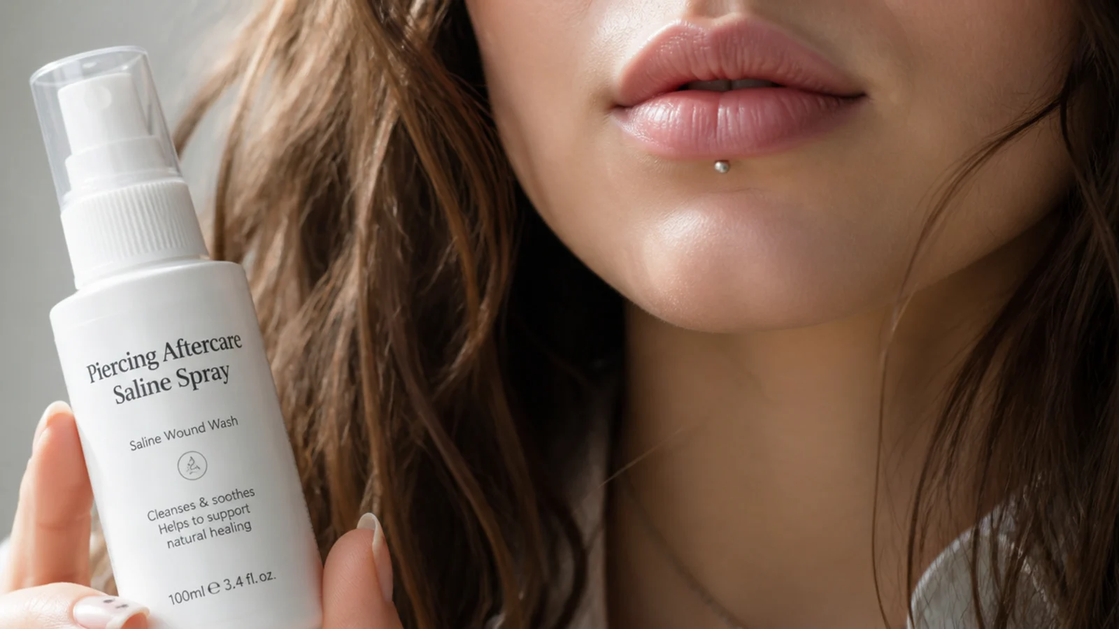 Saline aftercare spray for a healing lip piercing
