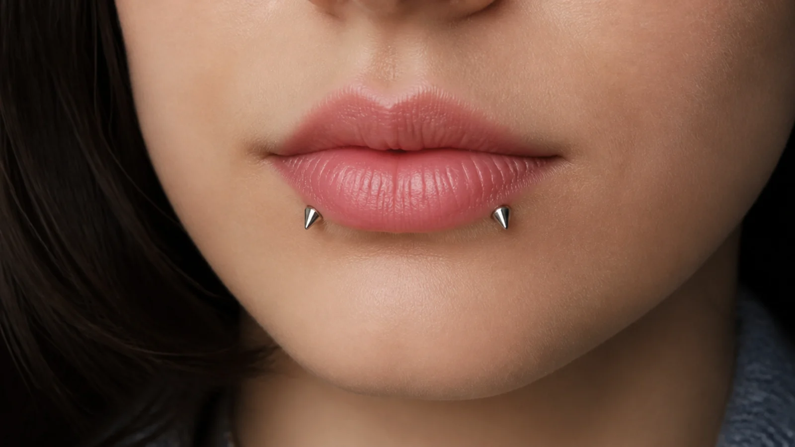 A clear view of angel fangs placement on the lower lip