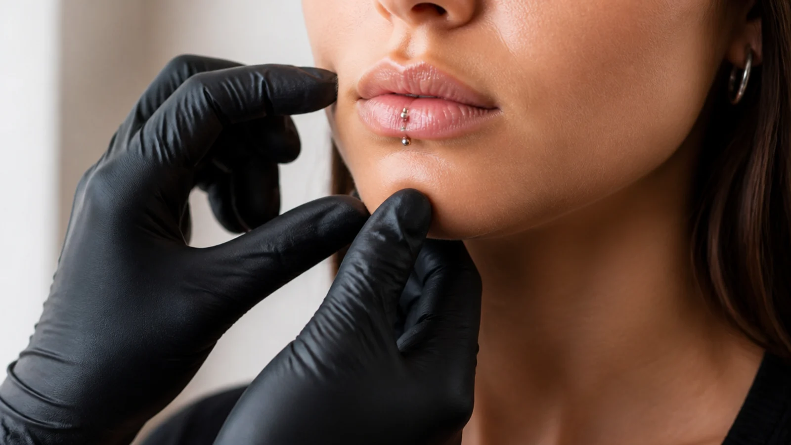 A piercer assessing lip anatomy for placement