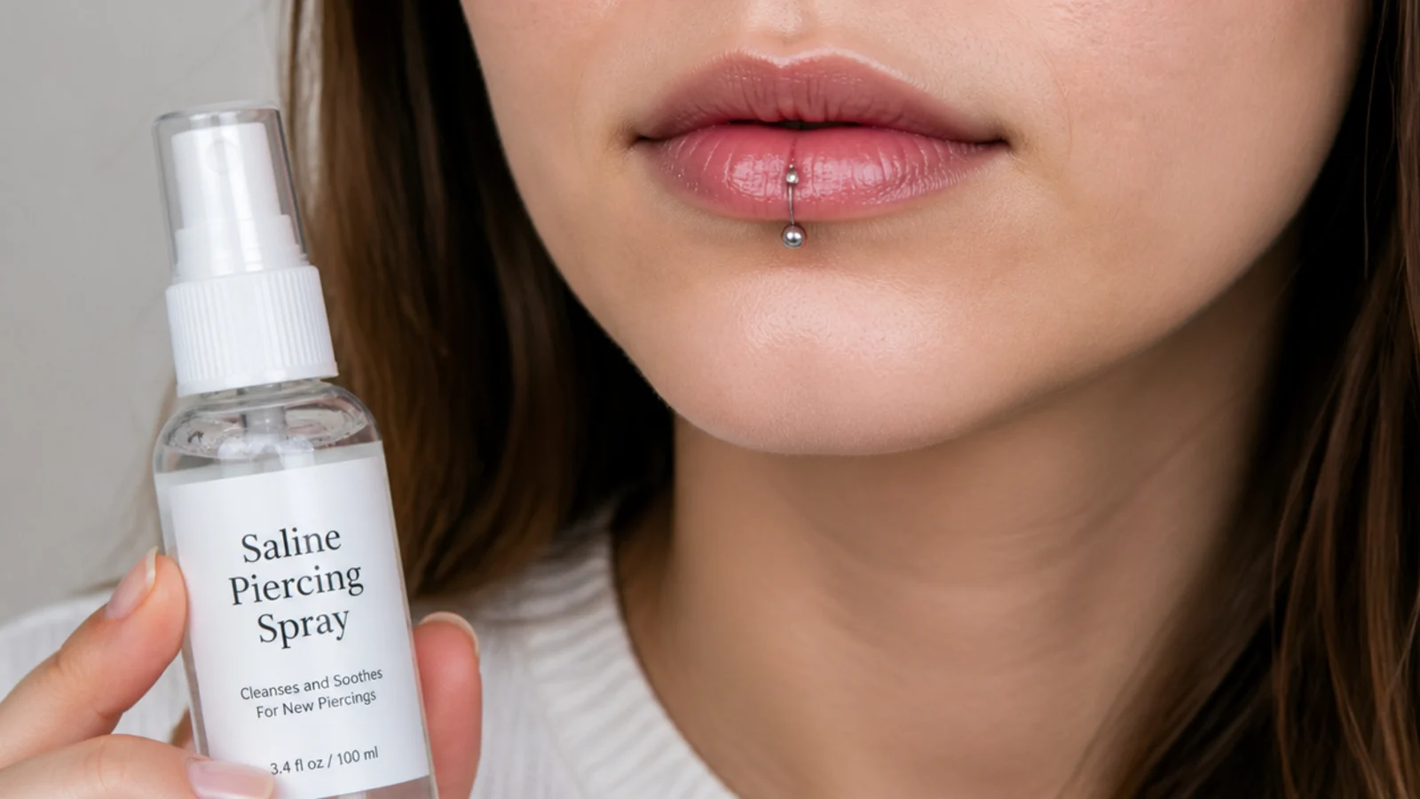 Saline aftercare spray for a healing lip piercing