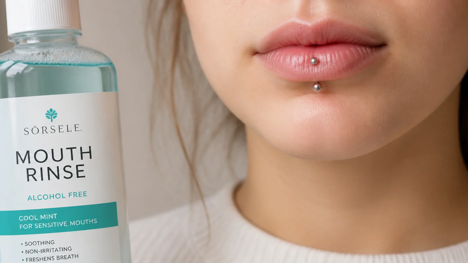 An alcohol-free mouth rinse for a healing lip piercing