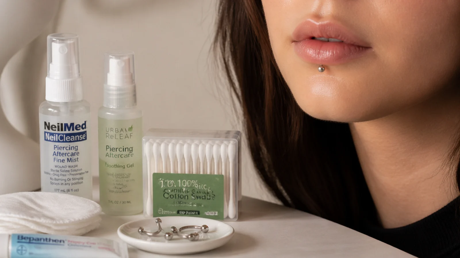 Aftercare supplies for a healing lip piercing