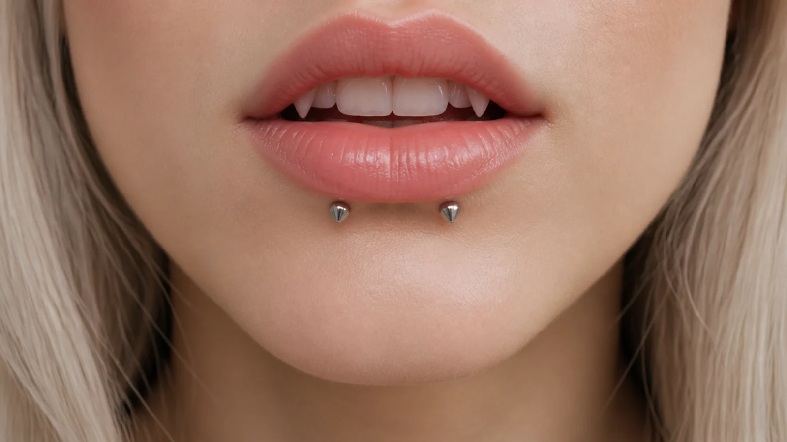 Precisely symmetrical angel fangs on small lips
