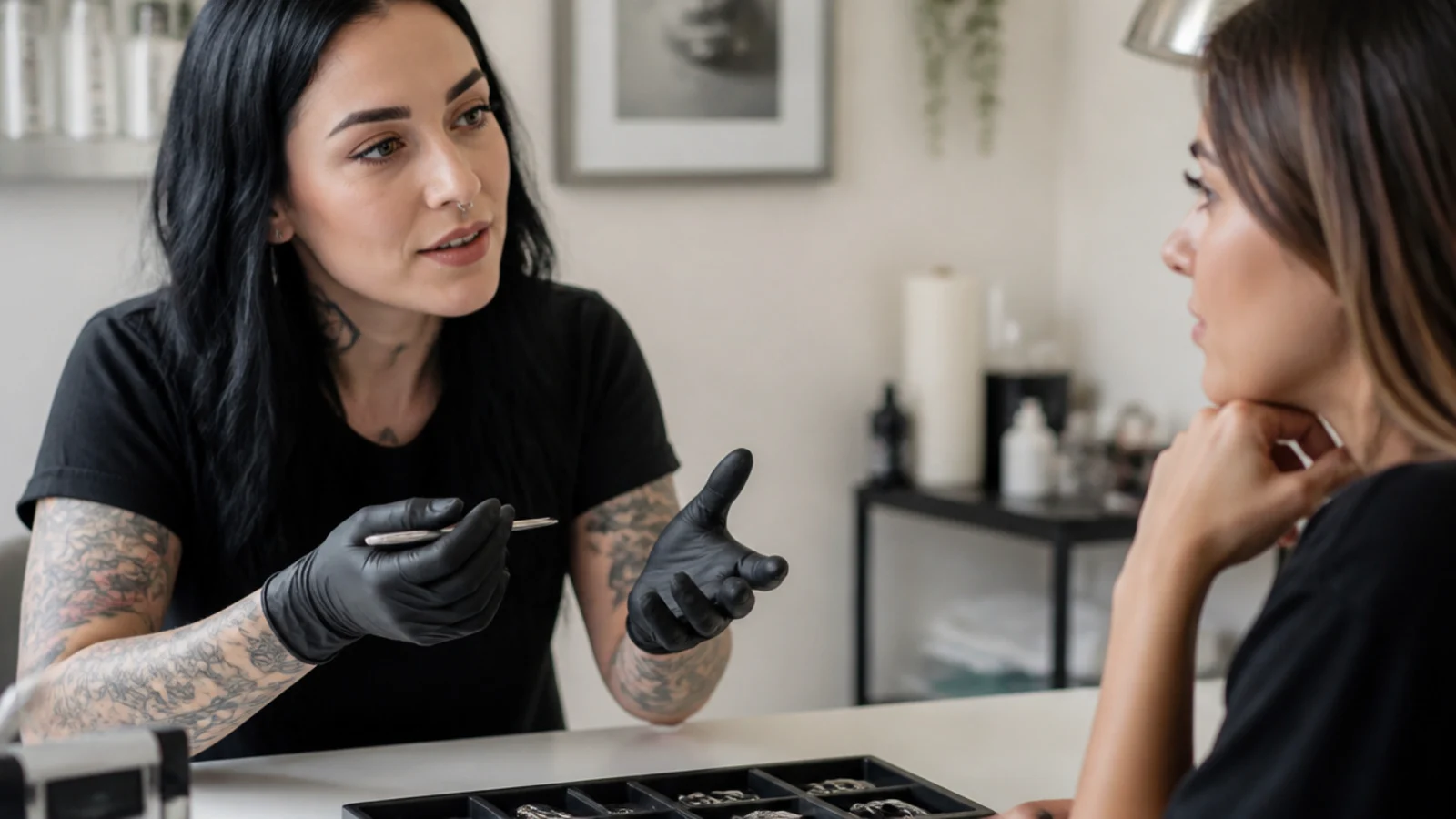 A piercer discussing suitability with a client