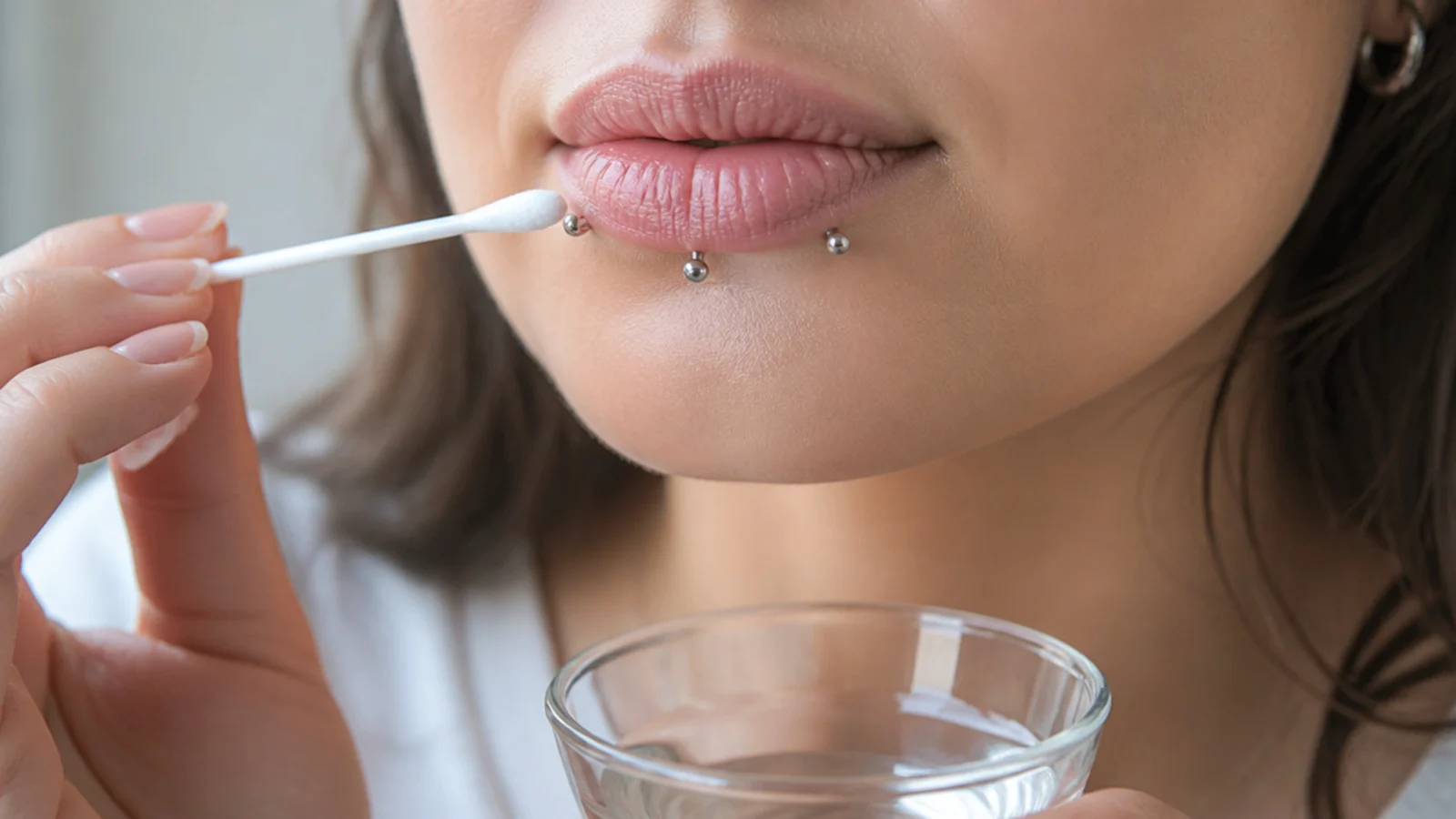 Saline aftercare for multiple healing lip piercings