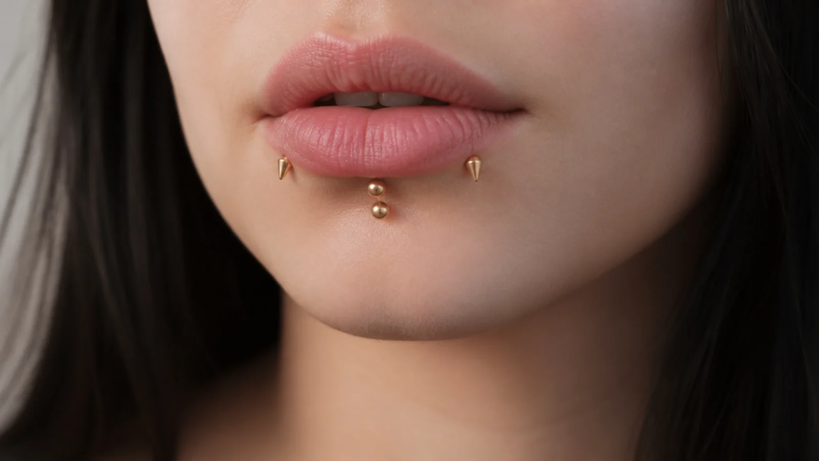 Angel fangs and vertical labret in matching gold