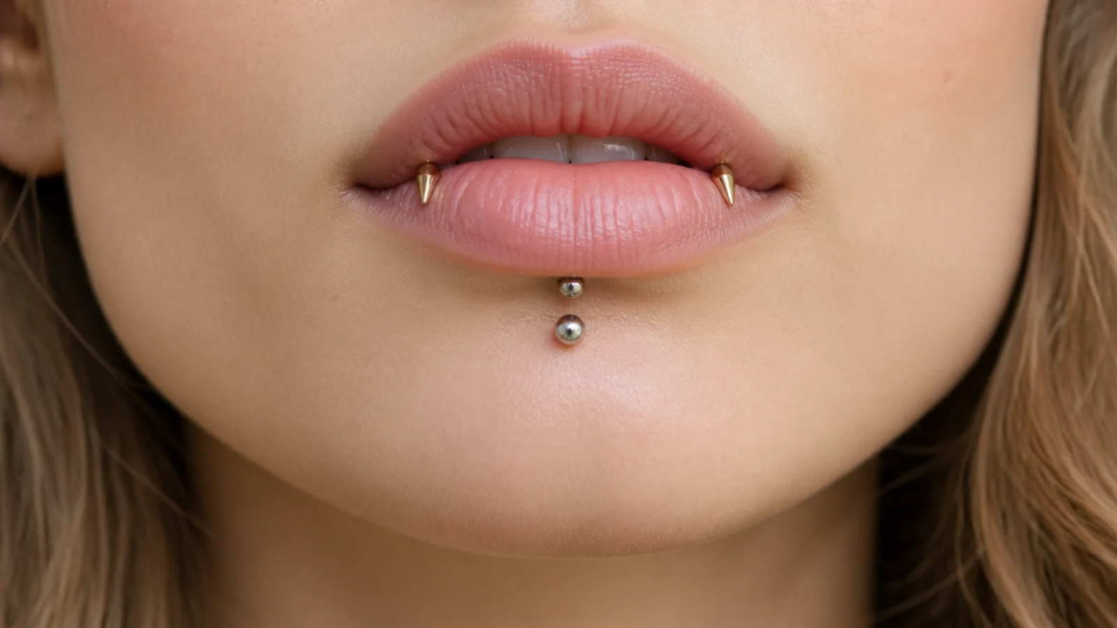 Angel fangs and vertical labret mixing gold and silver