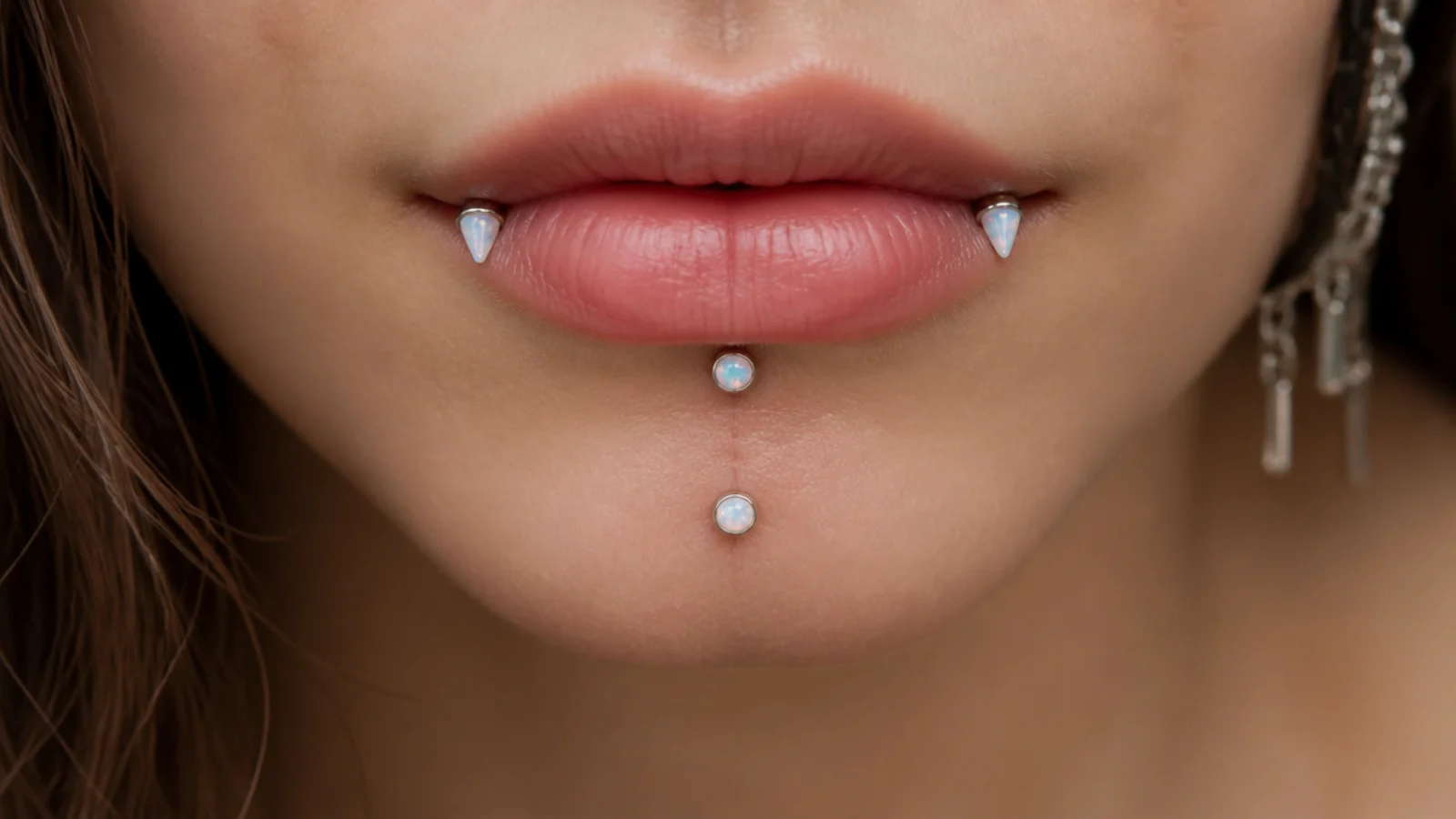 Angel fangs and vertical labret with opal ends