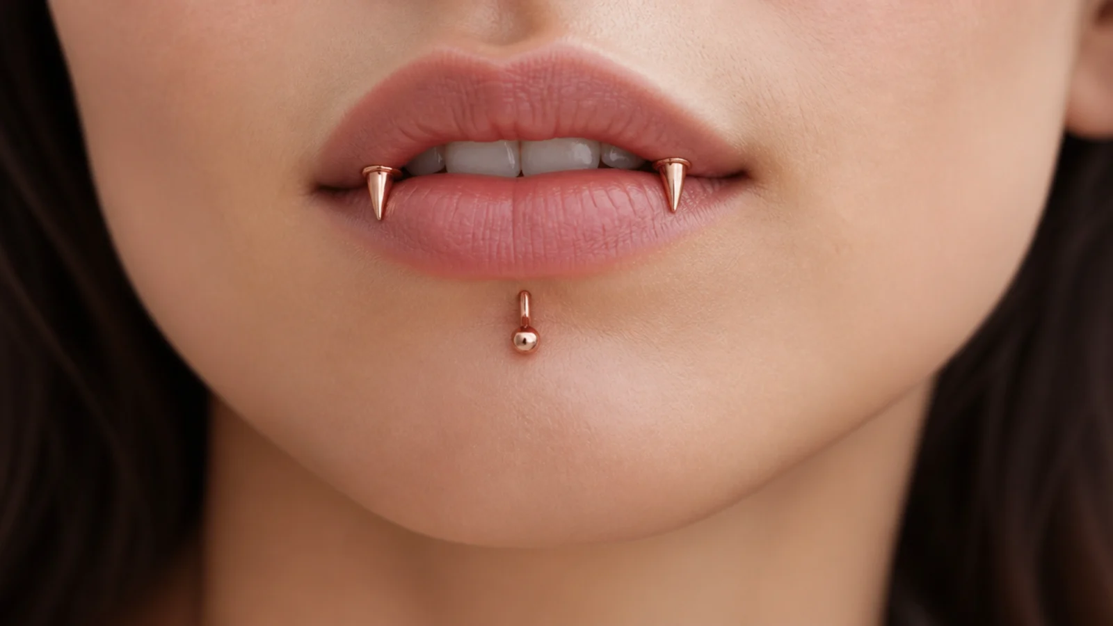 Angel fangs and vertical labret in rose gold