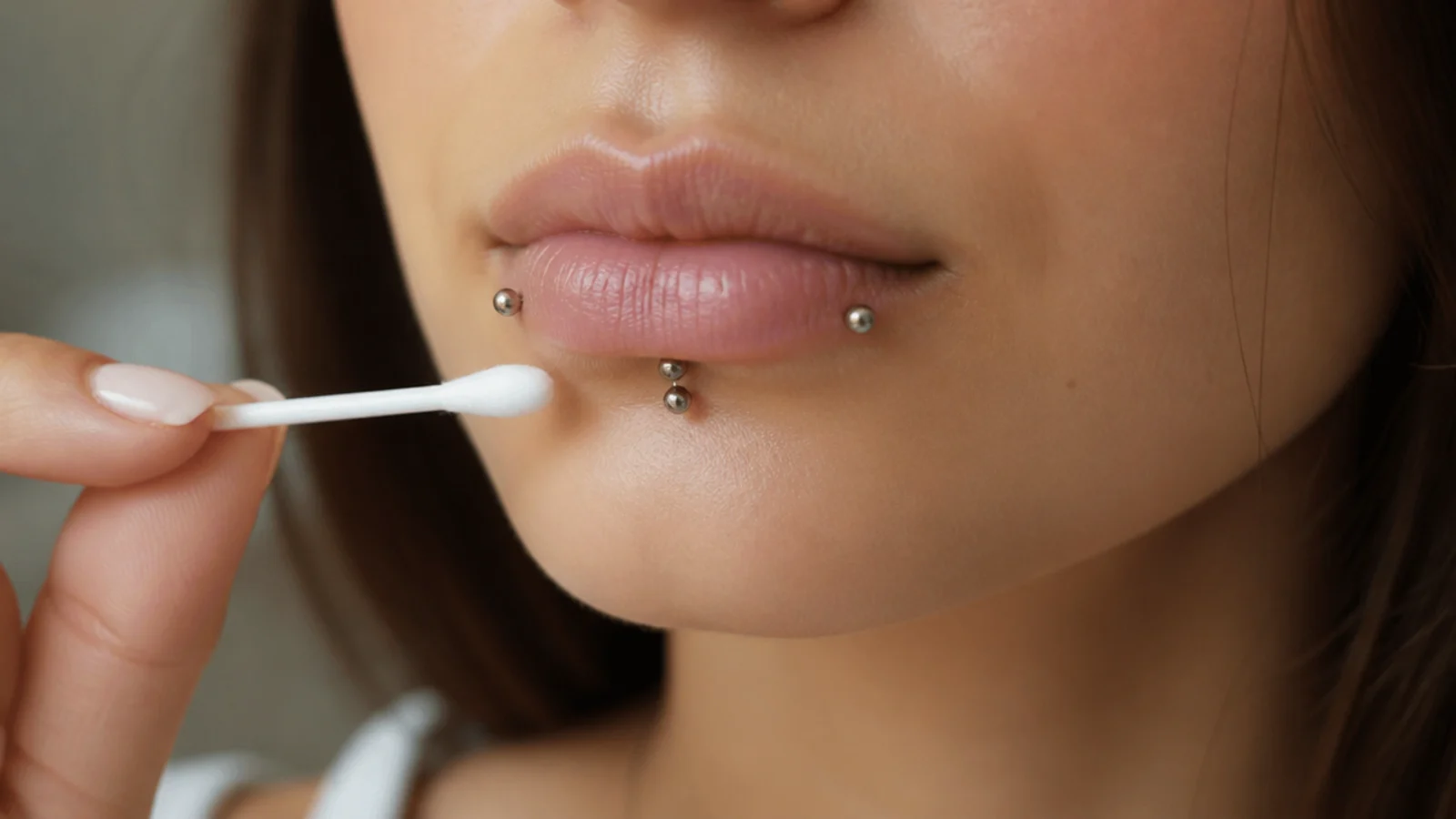 Saline aftercare for multiple healing lip piercings