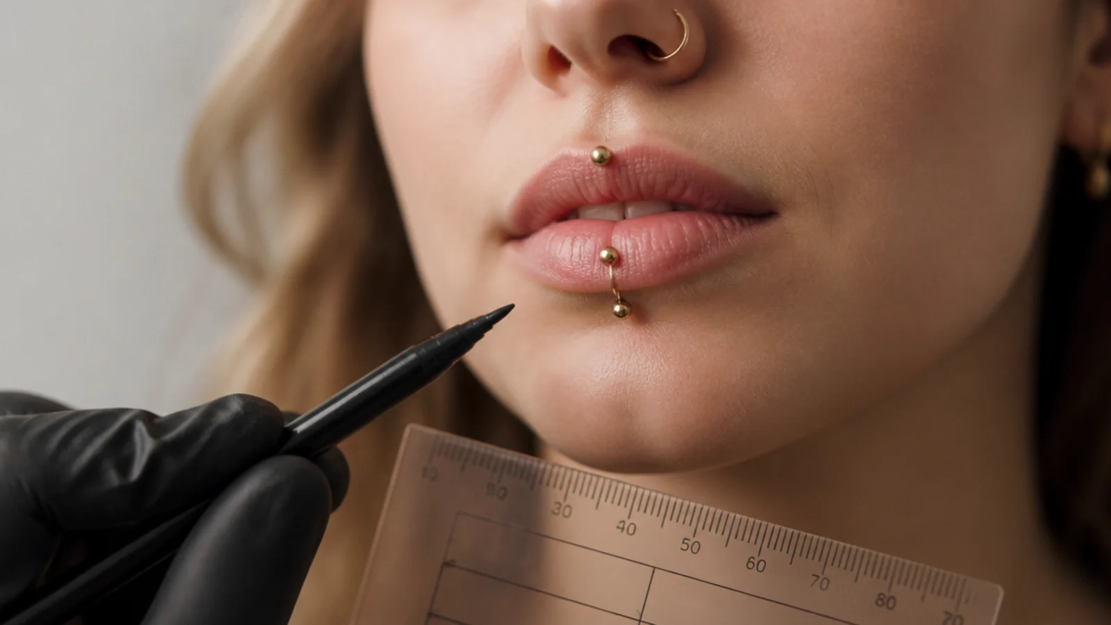 A piercer planning a curated lip arrangement