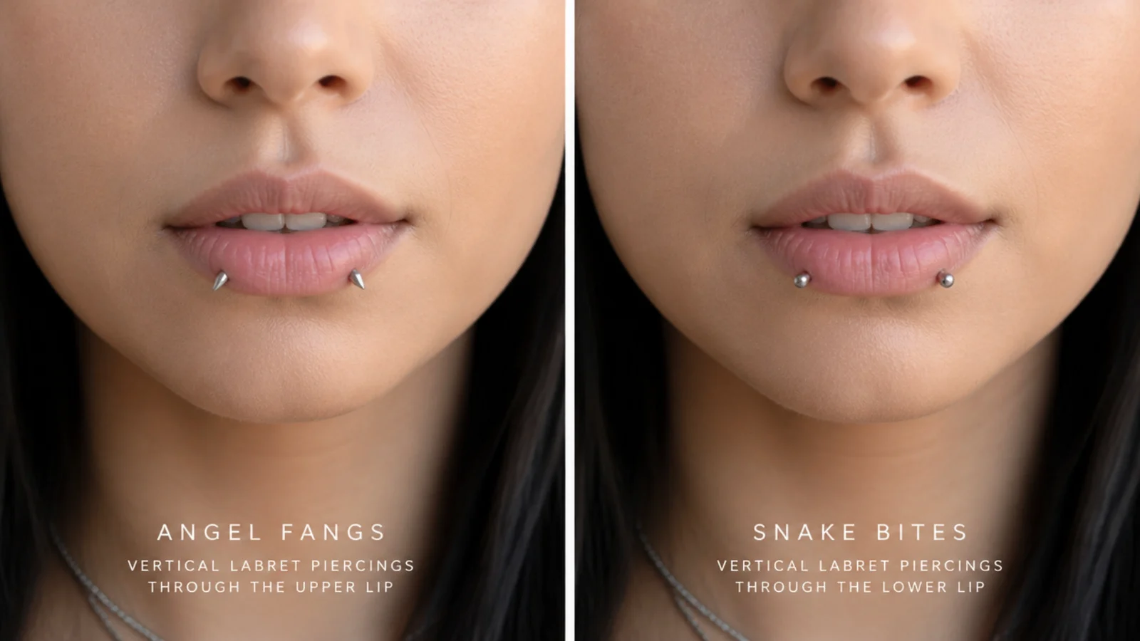 Angel fangs and snake bites piercings shown side by side