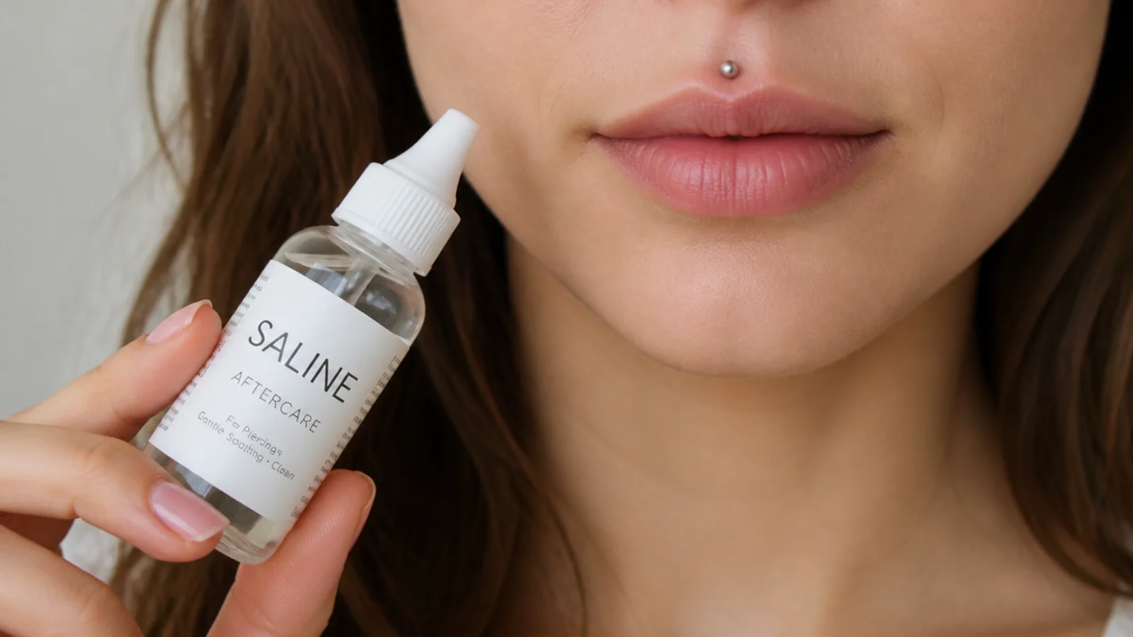 Saline aftercare for a healing upper-lip piercing