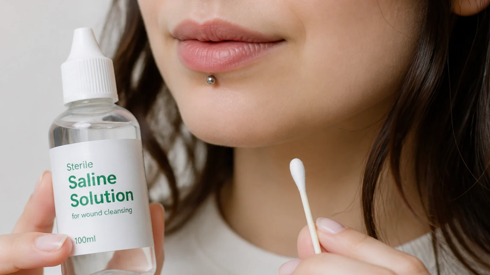 Saline aftercare for a healing lip piercing
