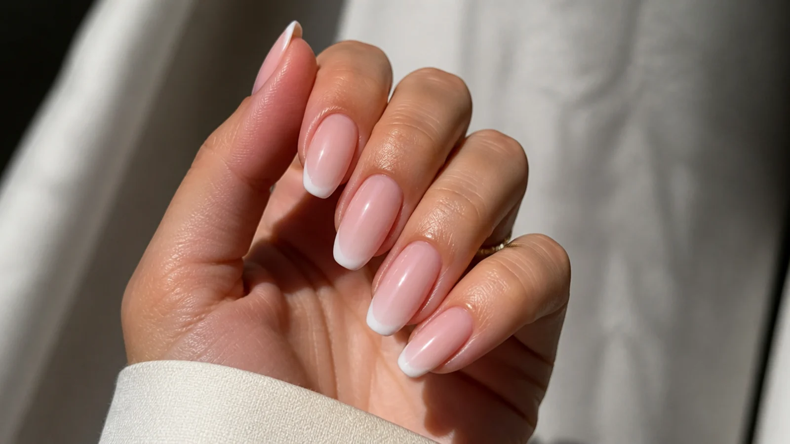 Almond baby boomer nails with a thin French line