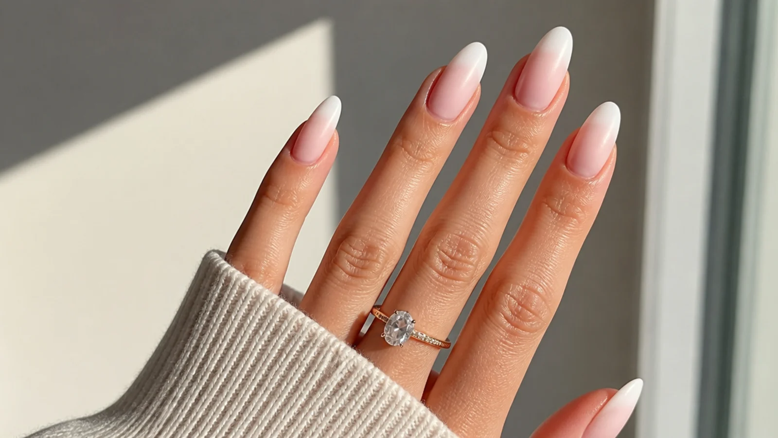 Almond baby boomer nails with a matte finish