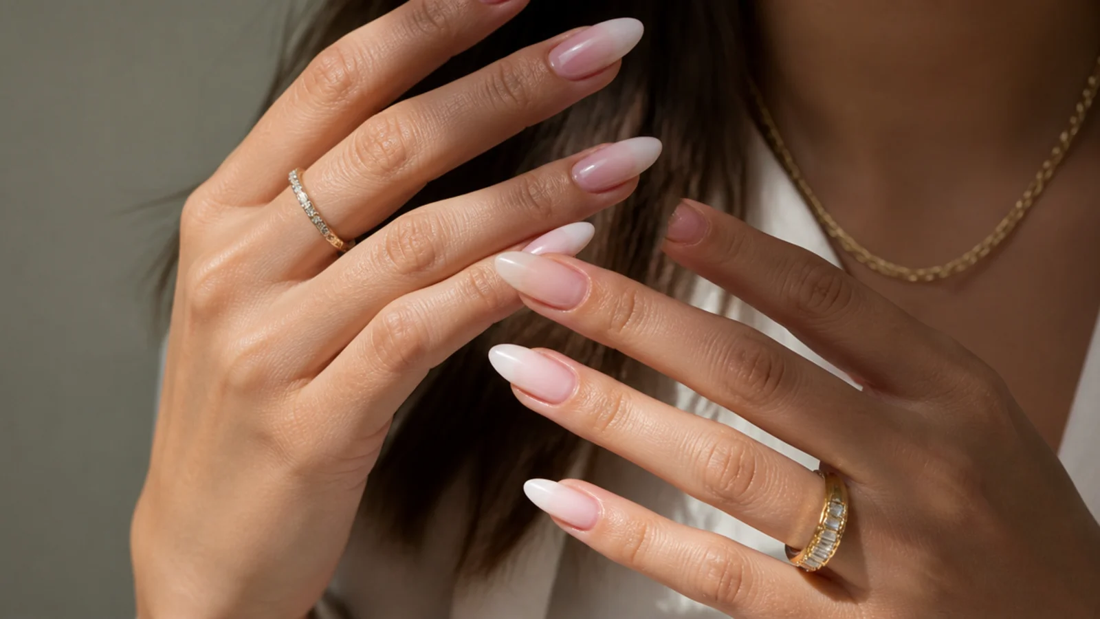 Nude-pink almond baby boomer nails
