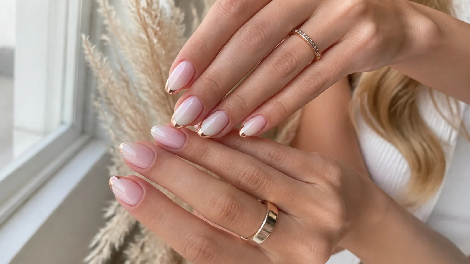 Almond baby boomer nails with rose gold chrome