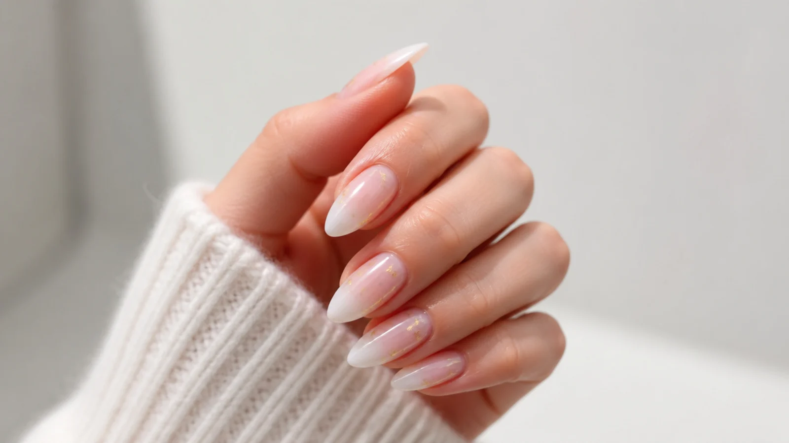 Almond baby boomer nails with gold flake accents