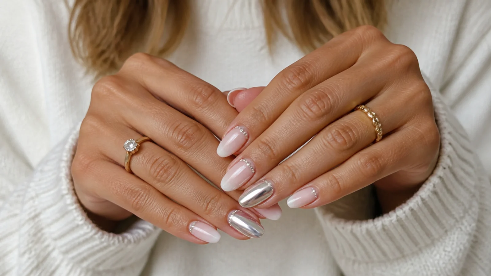 Almond baby boomer nails with chrome and rhinestone glam
