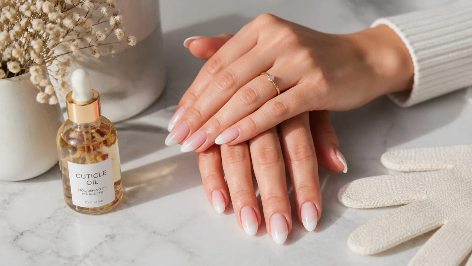 Cuticle oil and gloves for almond baby boomer nail care