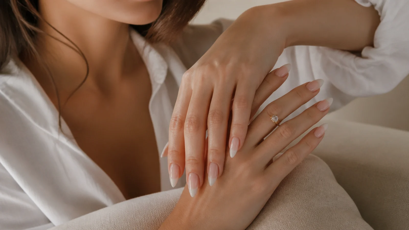 Elegant almond baby boomer nails with a soft ombre