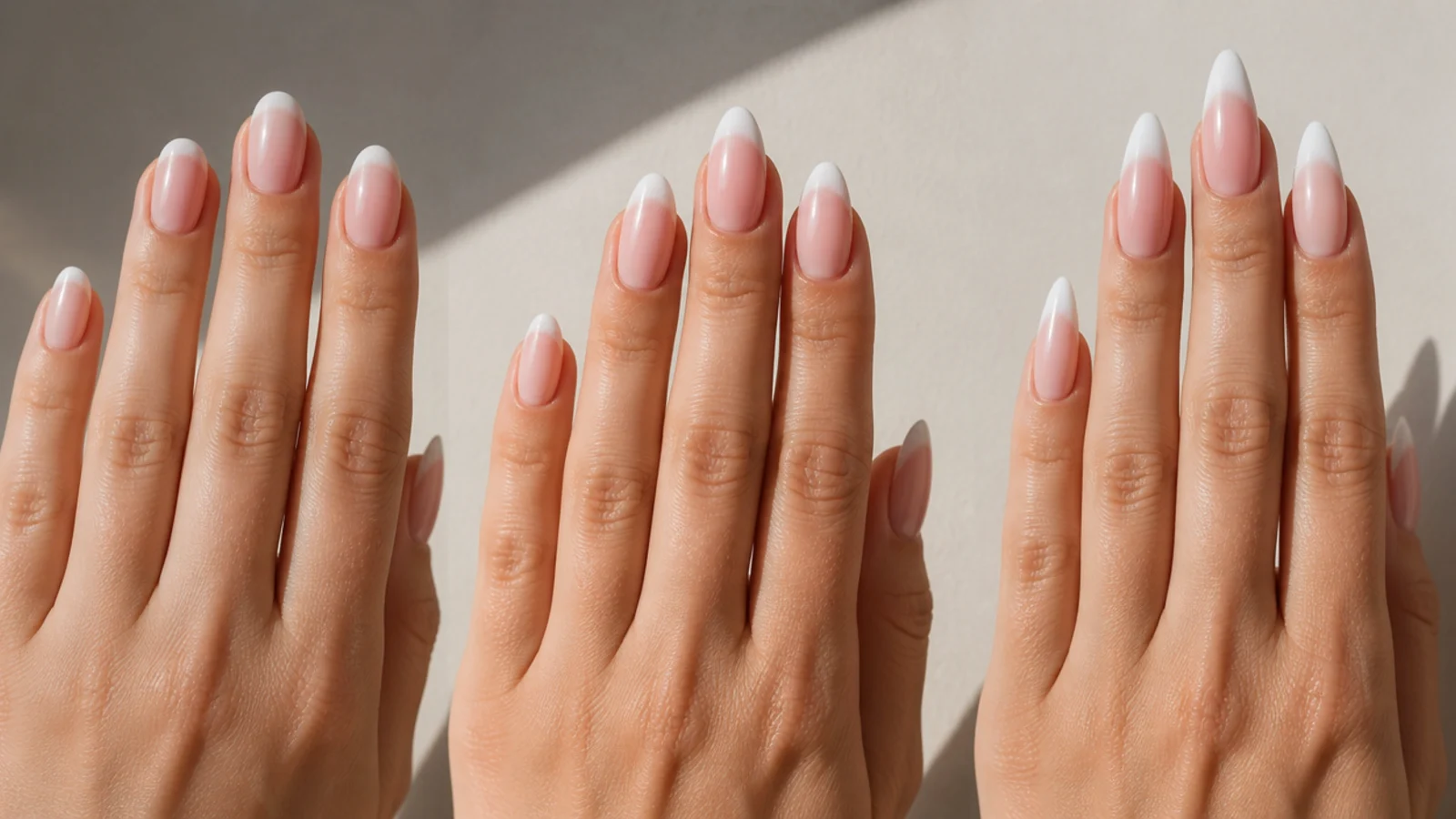 Short, medium and long almond baby boomer nails