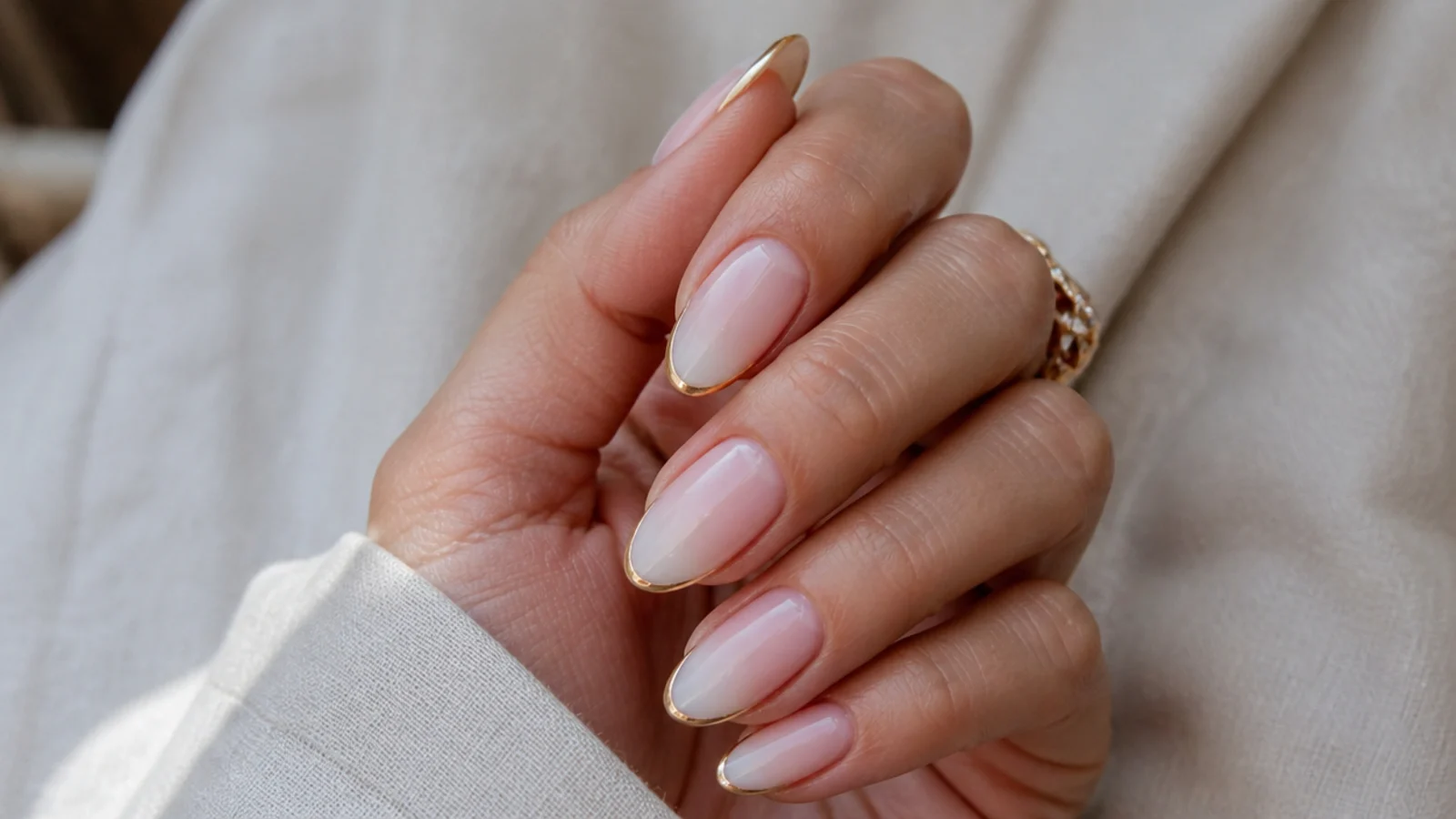 Baby boomer nails with a fine gold French line