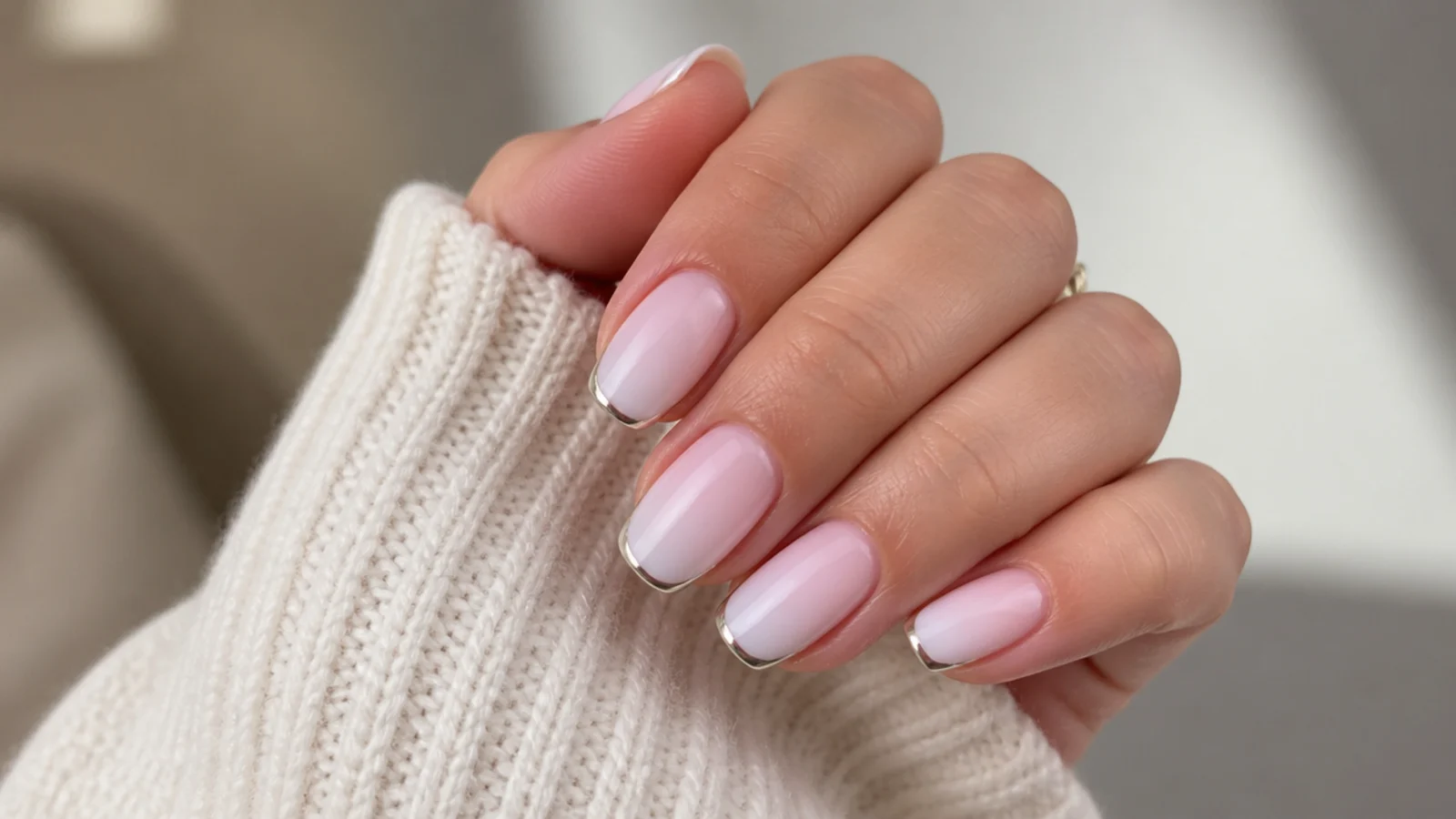 Baby boomer nails with a chrome French line