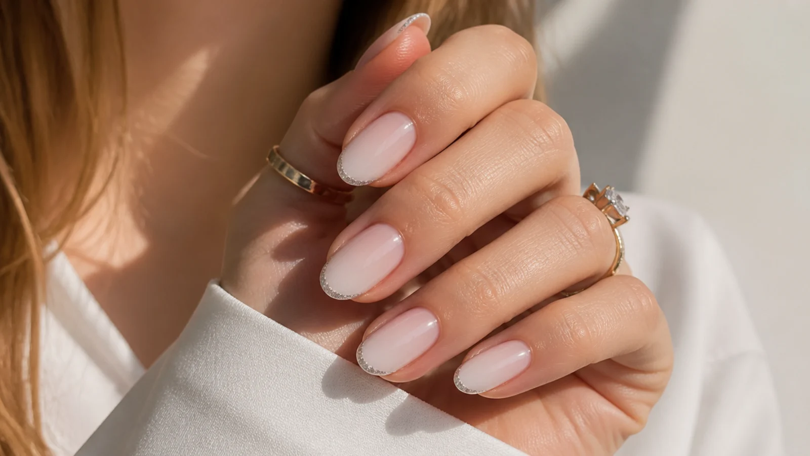 Baby boomer nails with a glitter French line