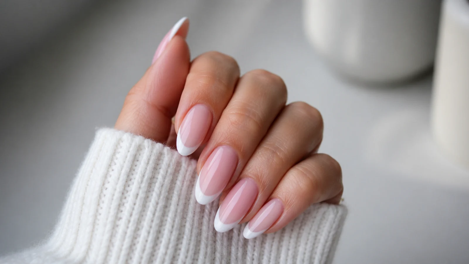 Almond baby boomer nails with a French line