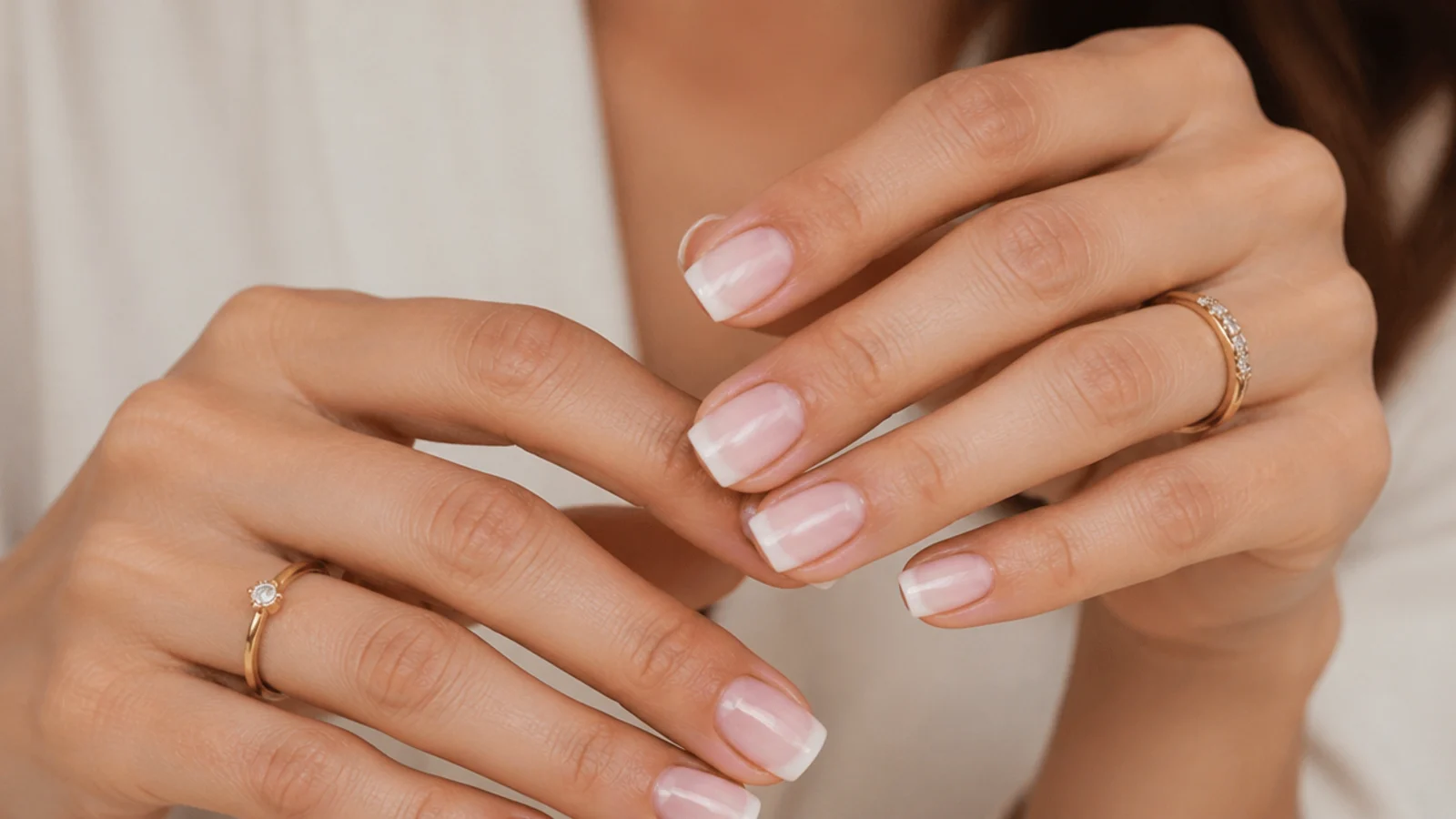 Short square baby boomer nails with a French line