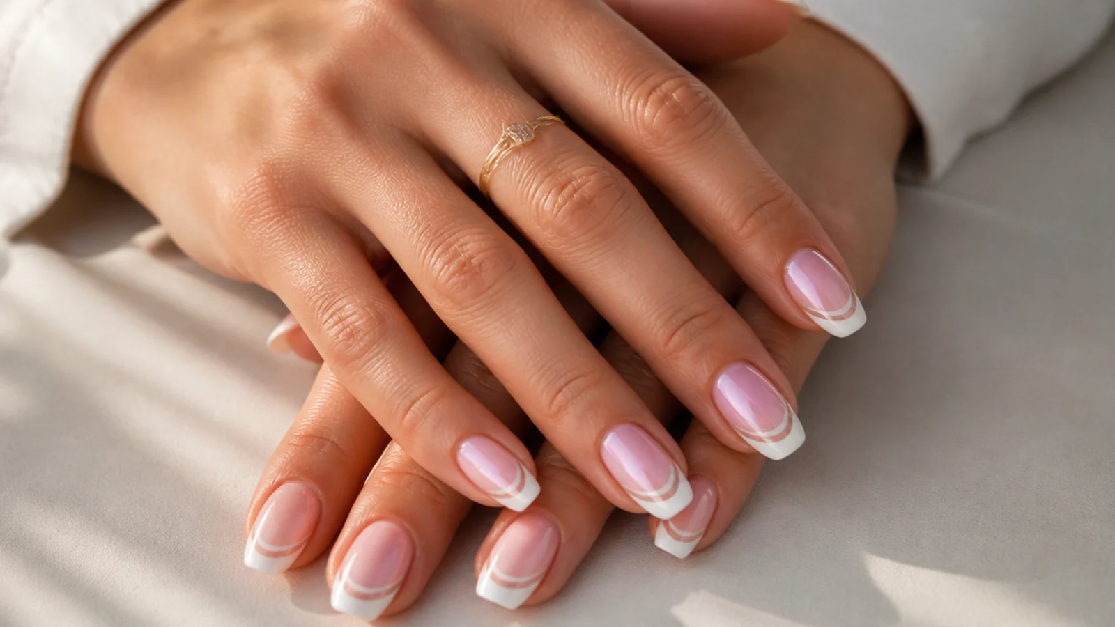 Baby boomer nails with two soft coloured French lines