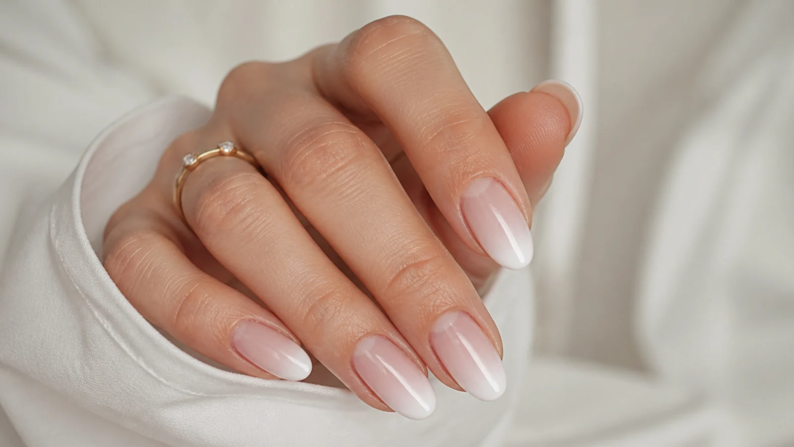 Soft bridal baby boomer nails with a fine French line