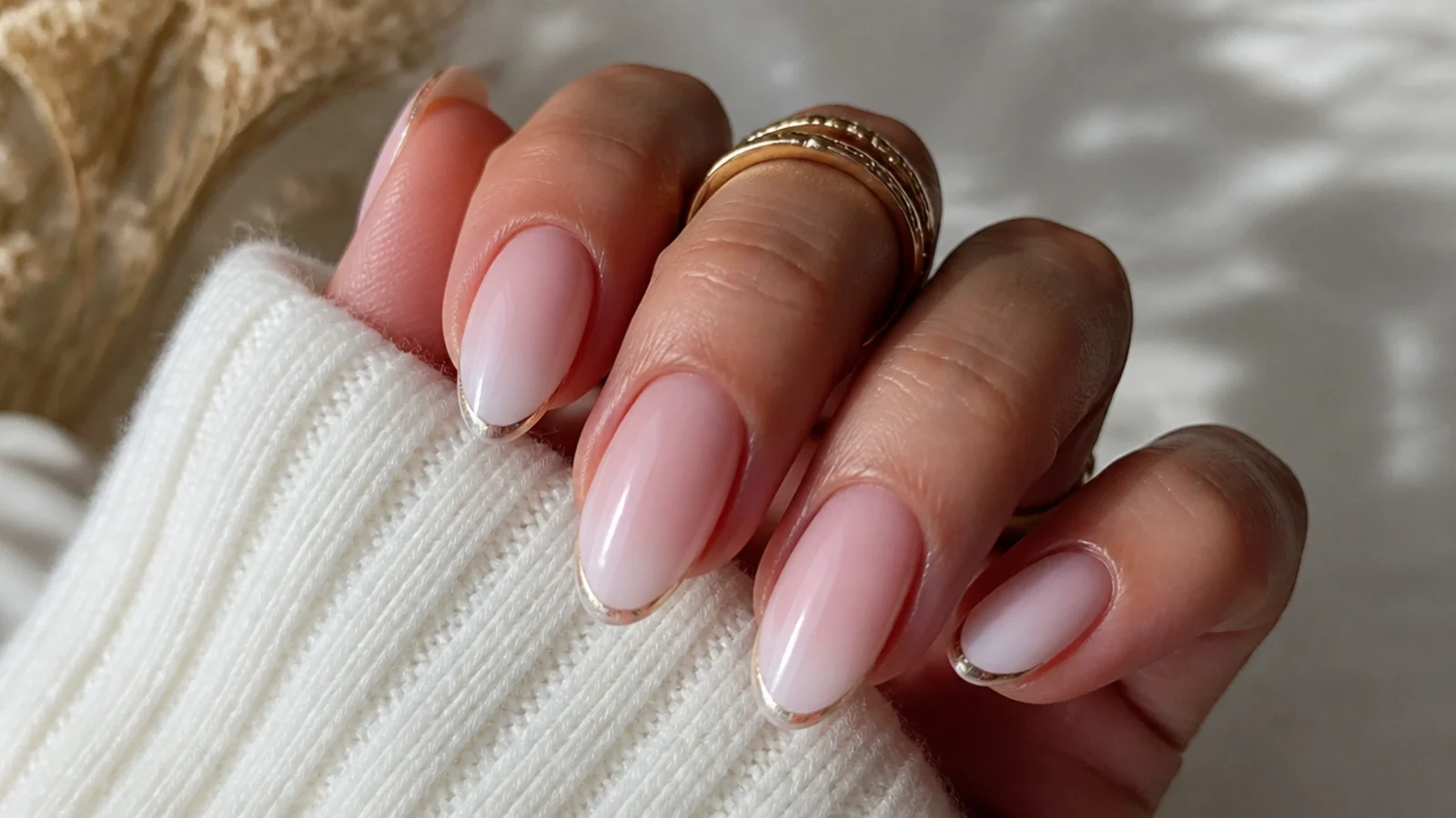 Baby boomer nails with a rose gold French line