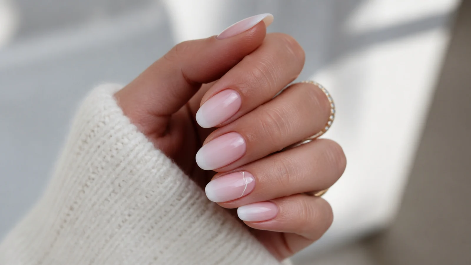 Baby boomer nails with one French-line accent nail