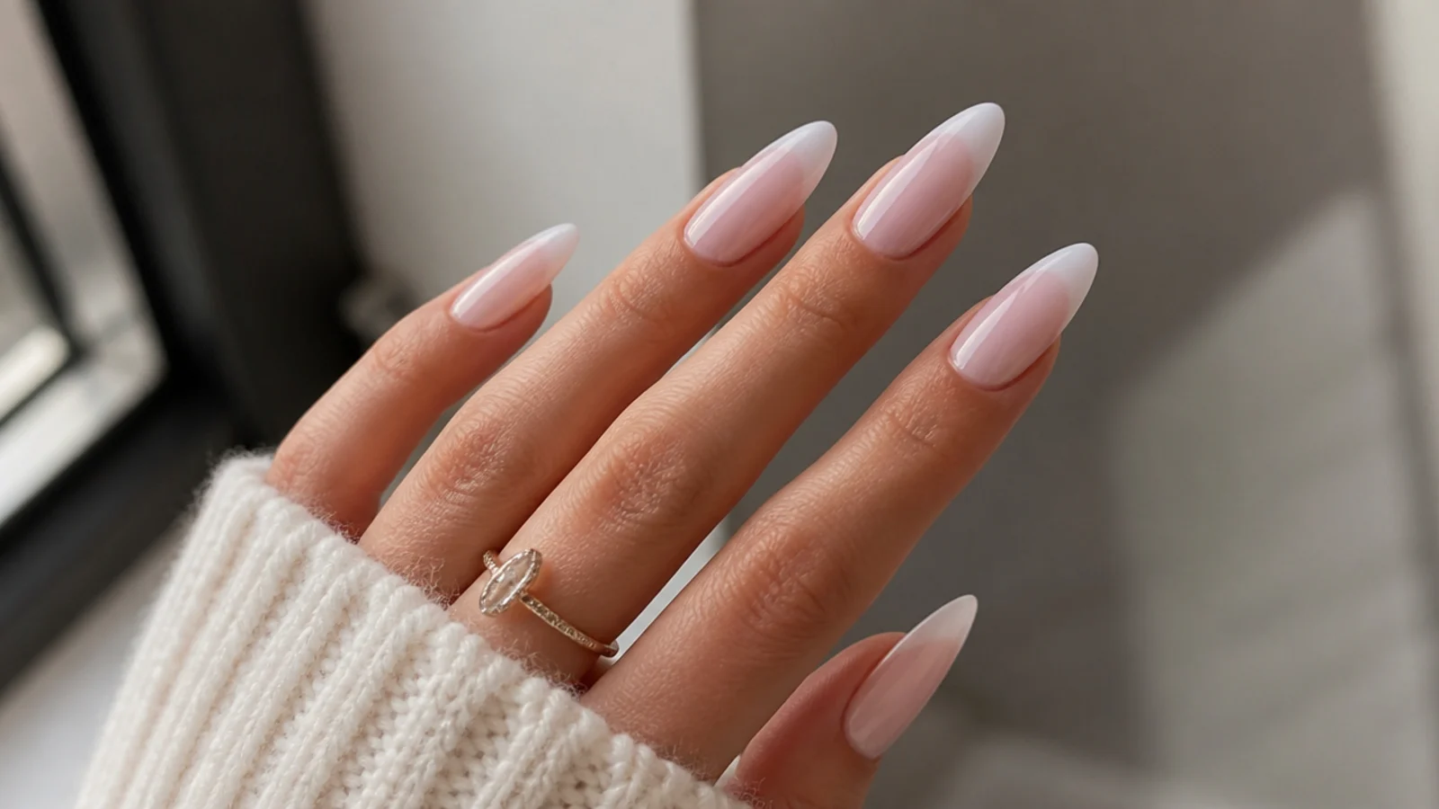 Extra-long almond baby boomer nails with a French line
