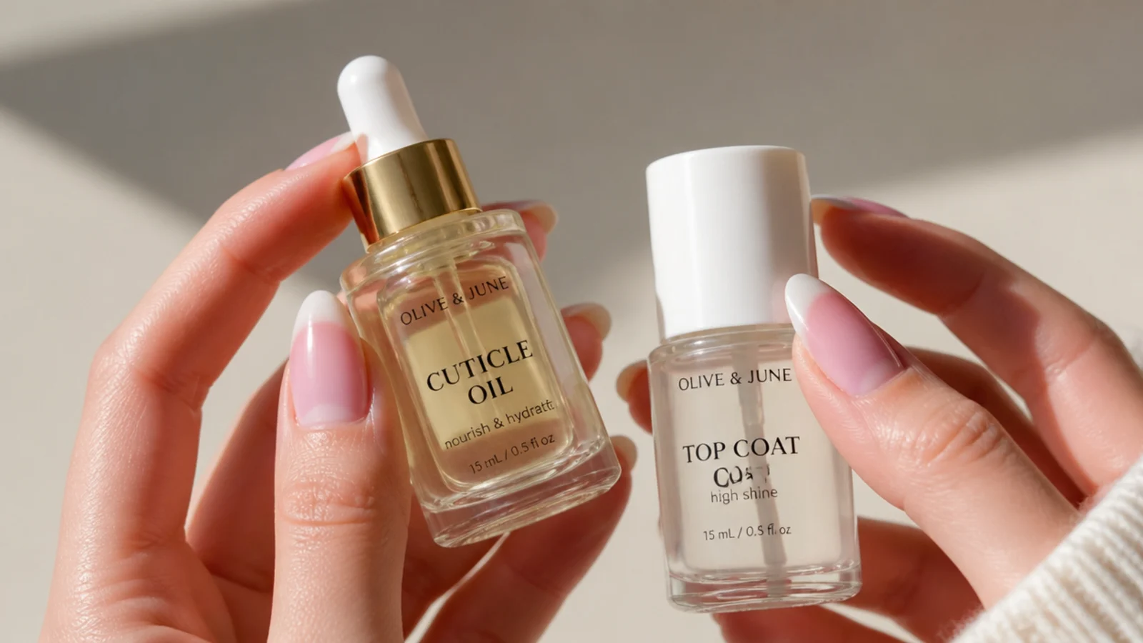 Cuticle oil and top coat for baby boomer French nails