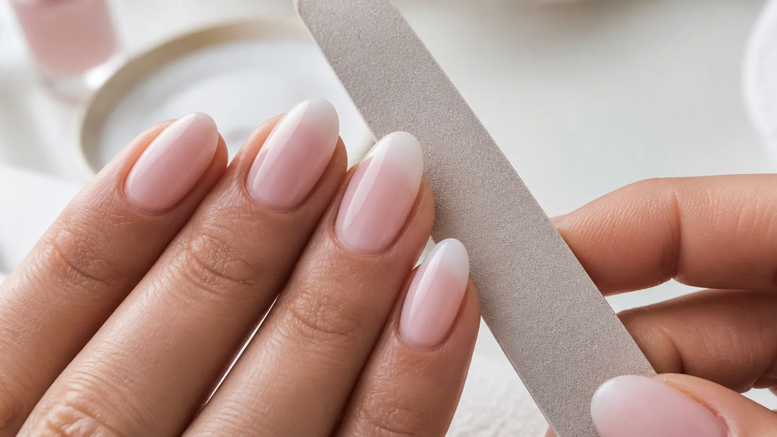 Nails being shaped and buffed in preparation