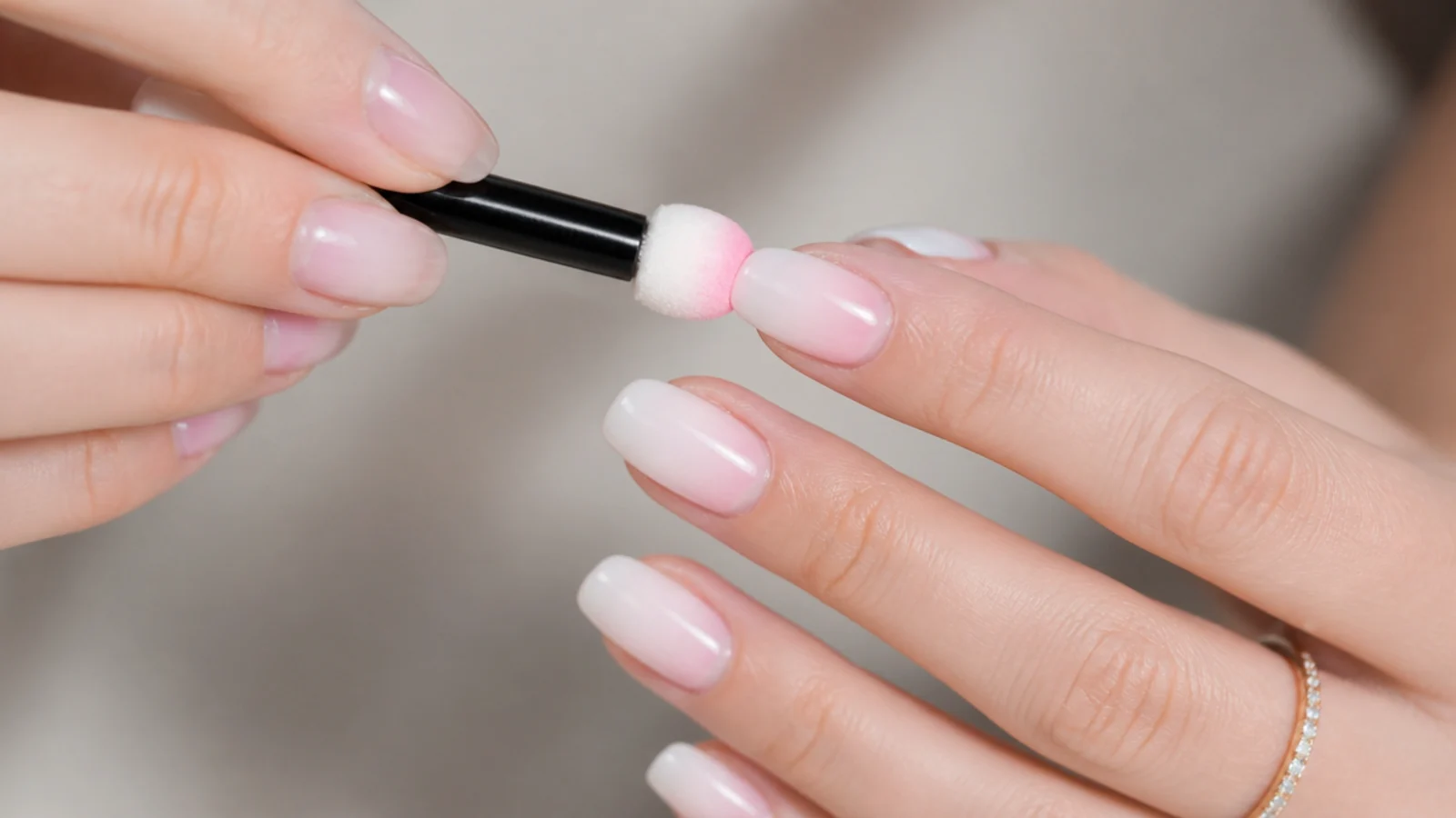 The pink-to-white ombre being dabbed onto the nail