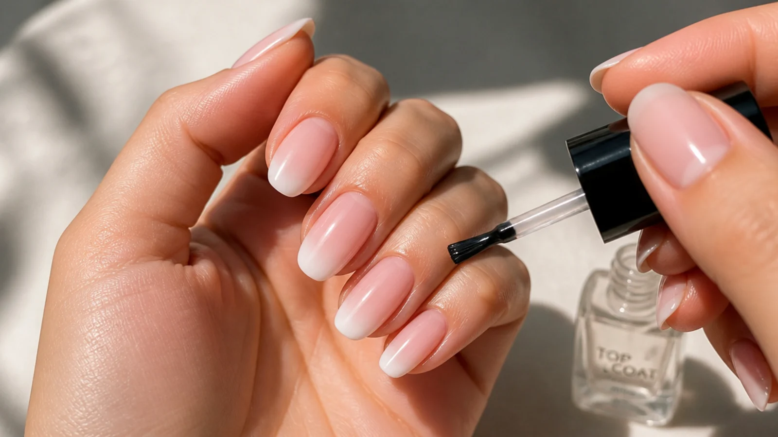 A glossy top coat sealing the finished ombre