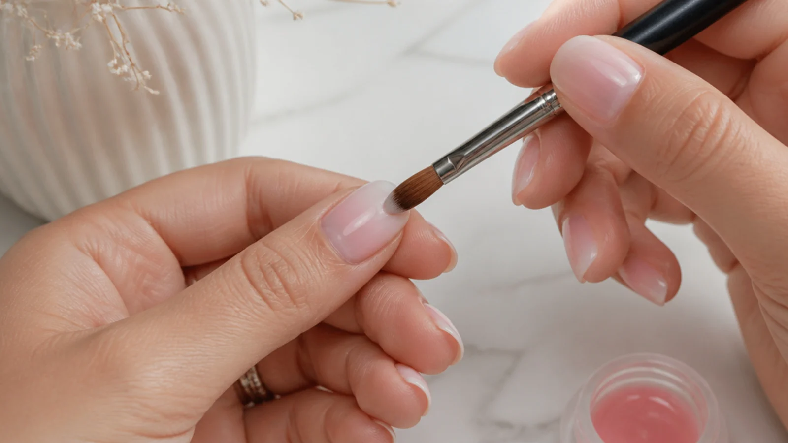 Baby boomer ombre being blended on a nail at home