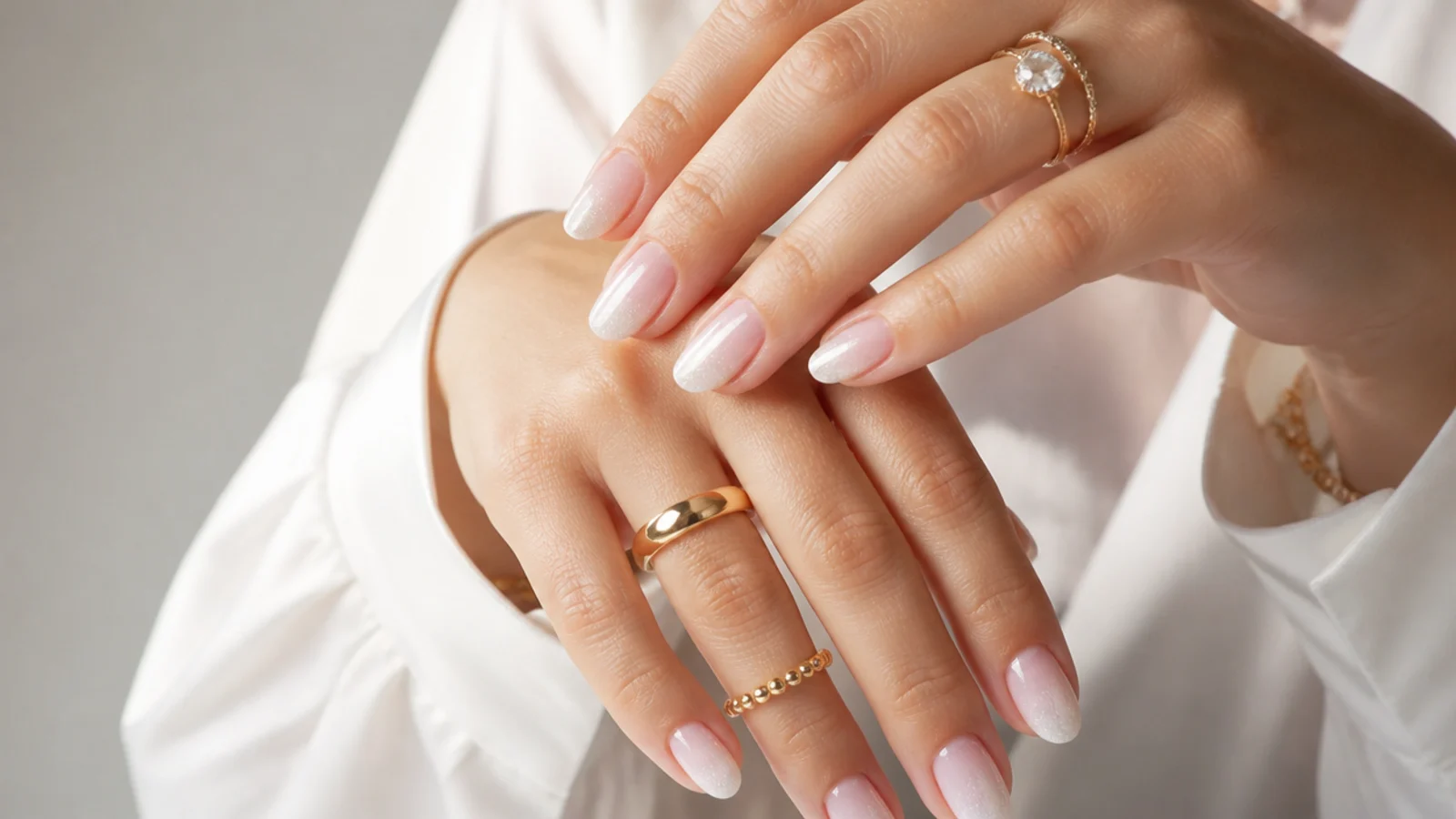 Baby boomer nails with a fine glitter tip