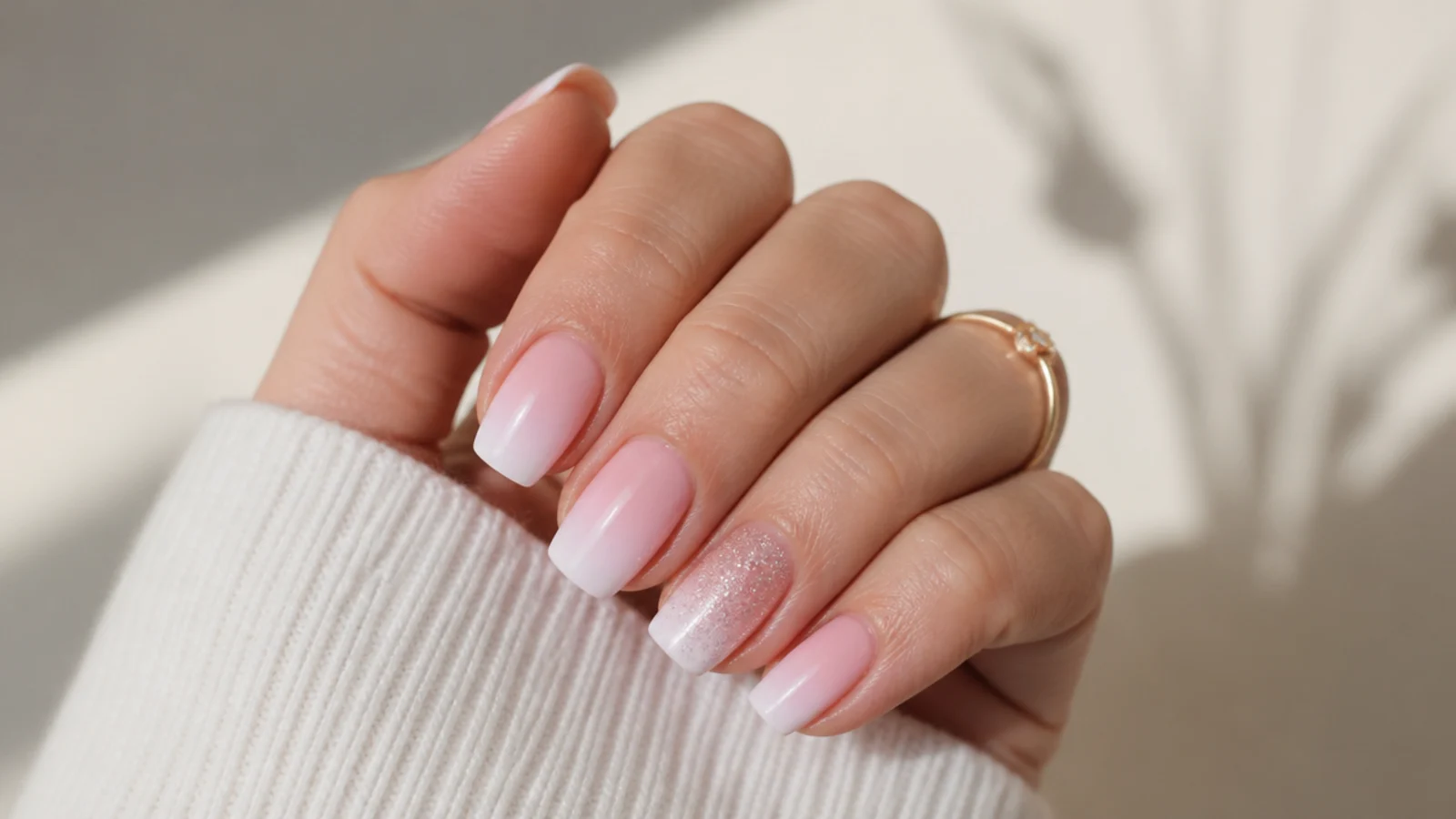 Baby boomer nails with one glitter accent nail