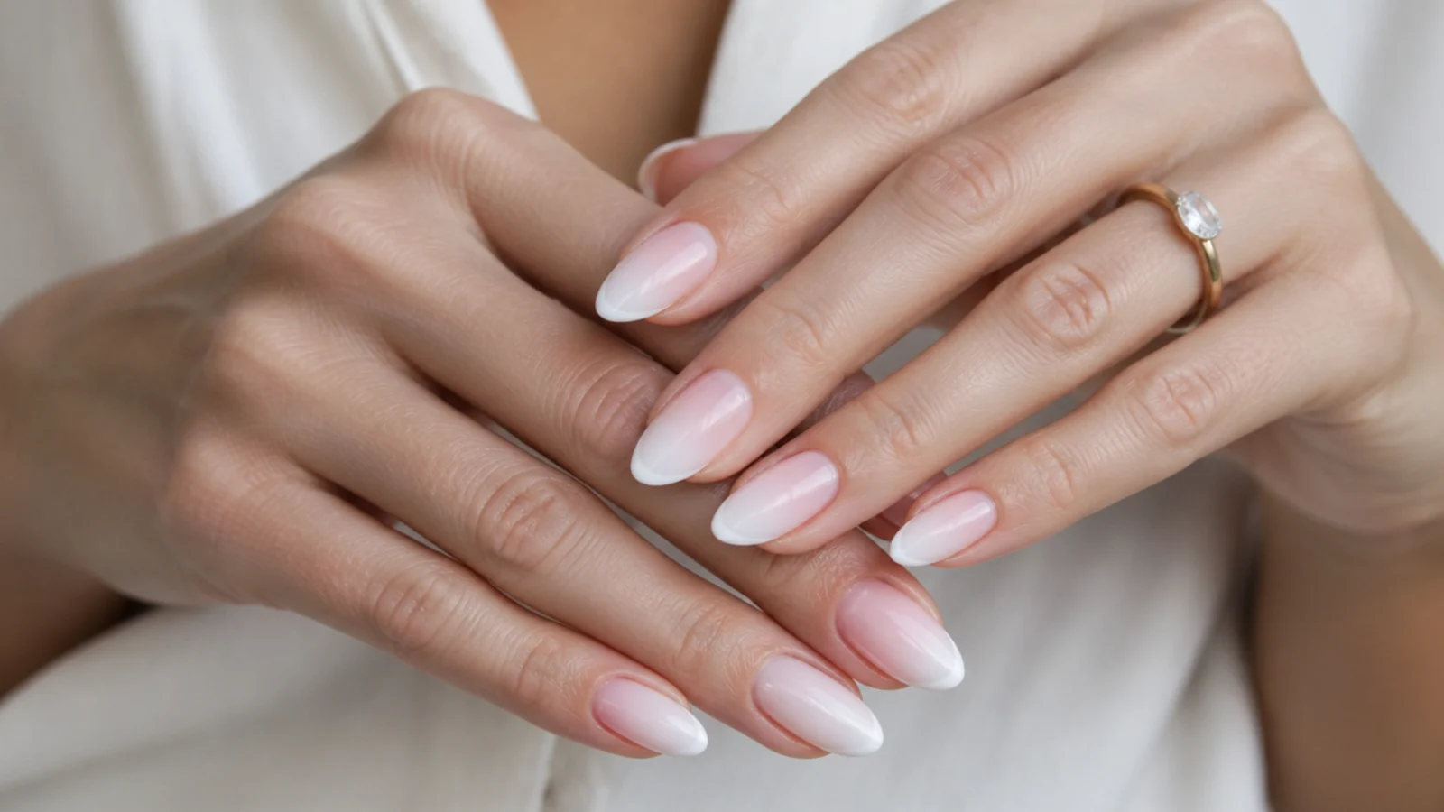 Baby boomer nails with a thin French line over the ombre