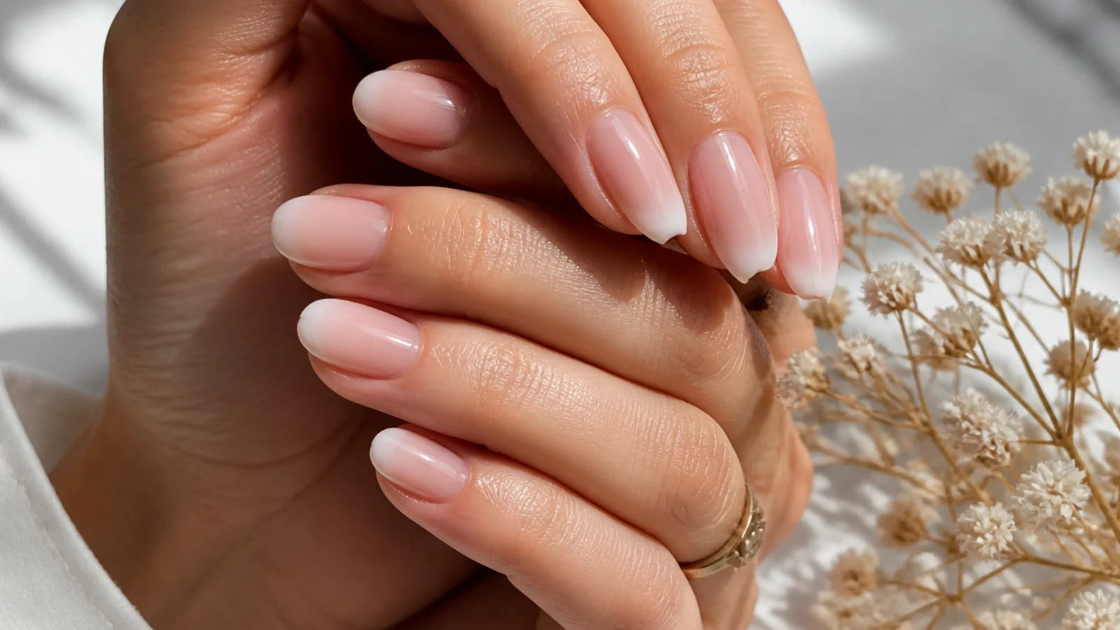 Baby boomer nails with a soft nude-pink base
