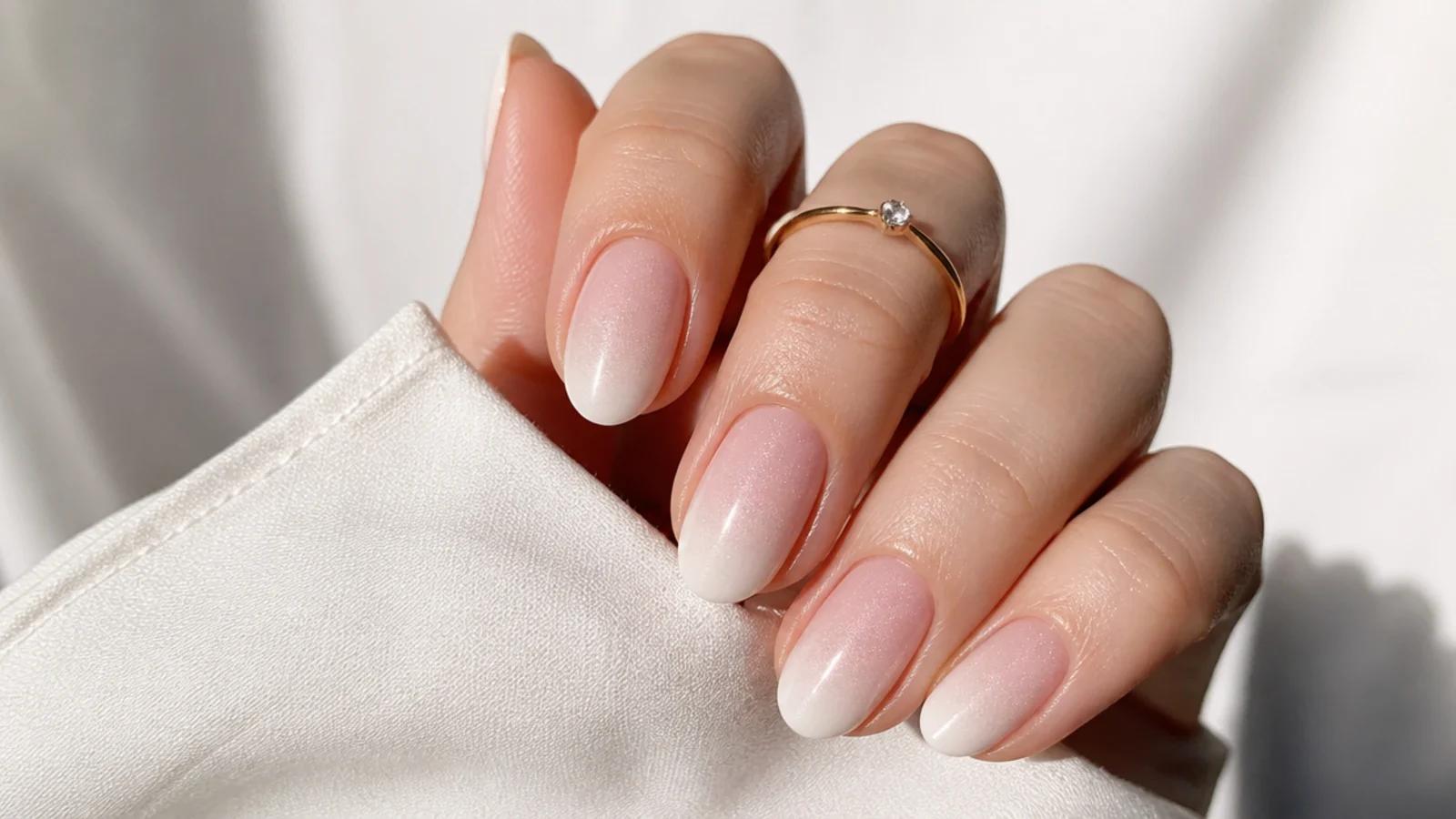 Baby boomer nails with a soft pearl shimmer