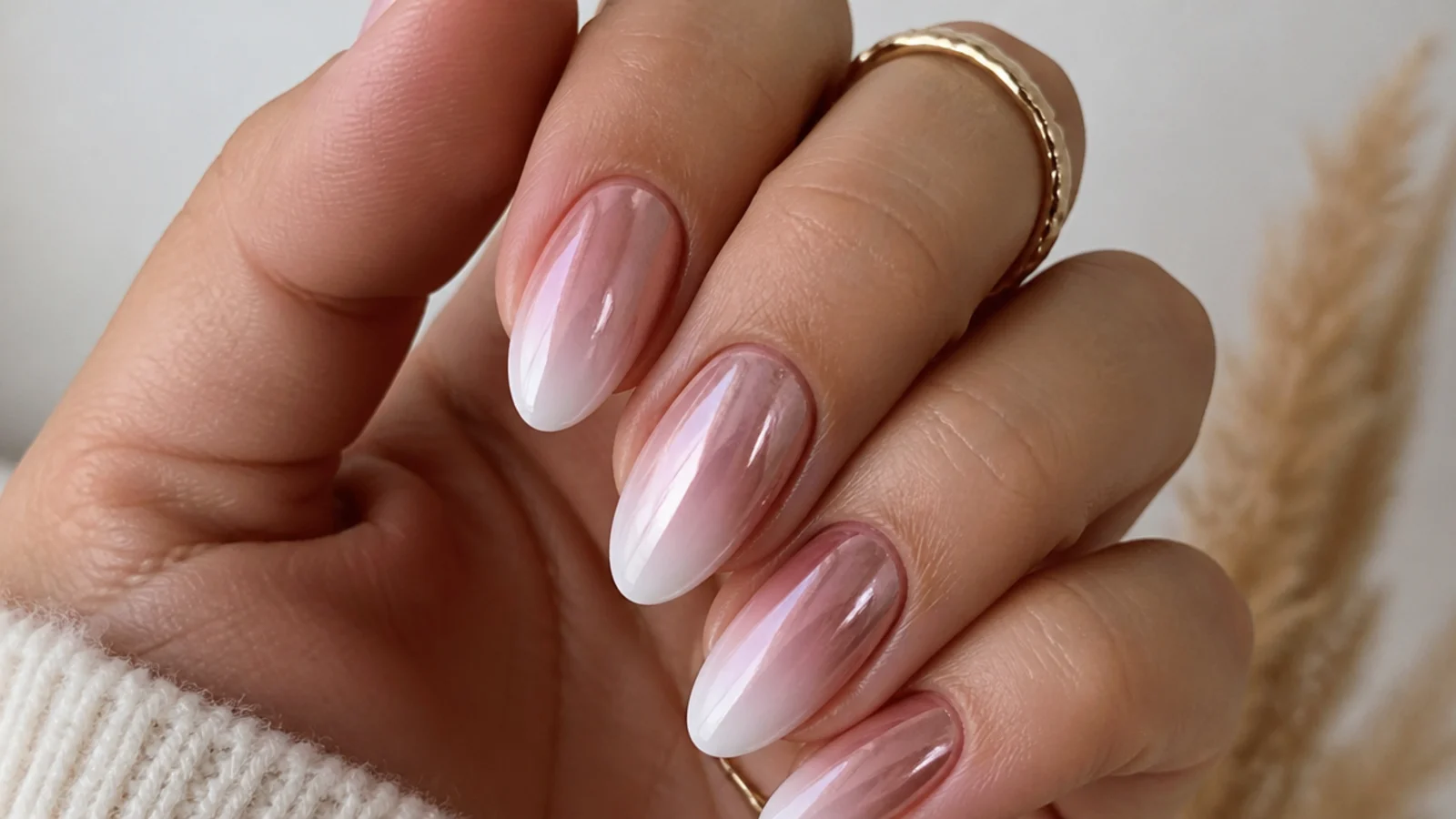 Baby boomer nails with a rose gold chrome finish