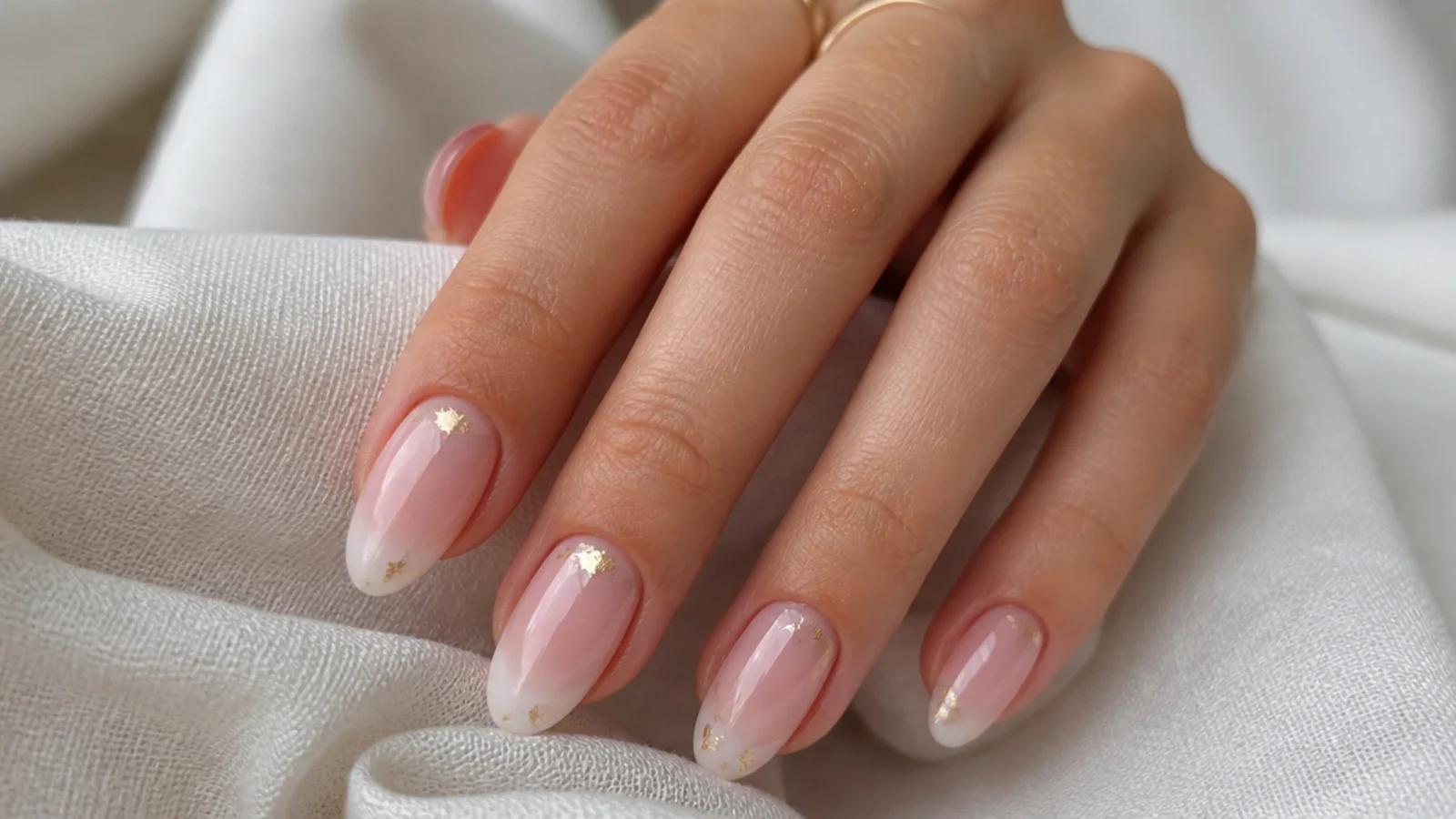 Baby boomer nails with delicate gold flake accents