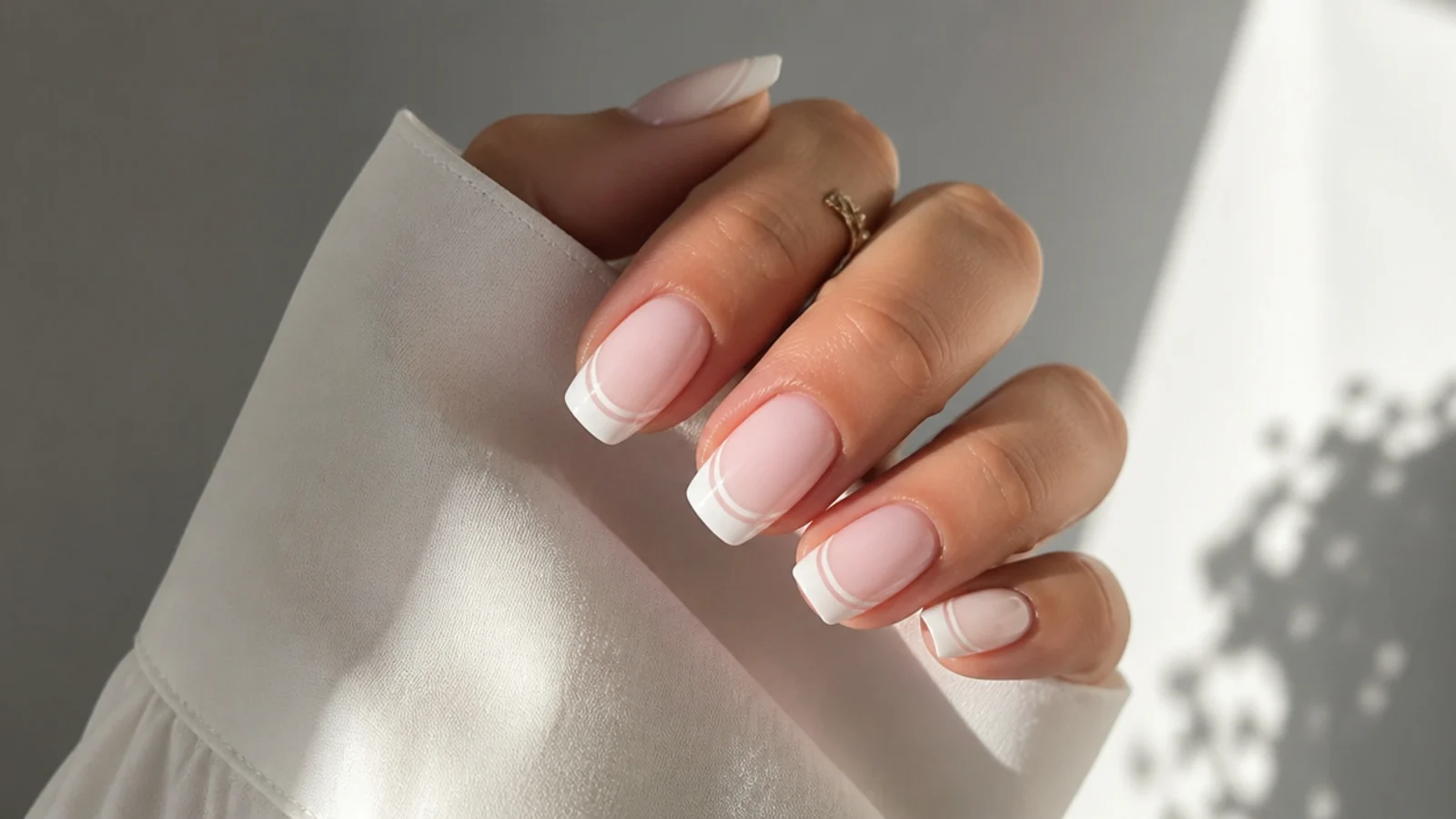 Baby boomer nails with a thin double-line French detail